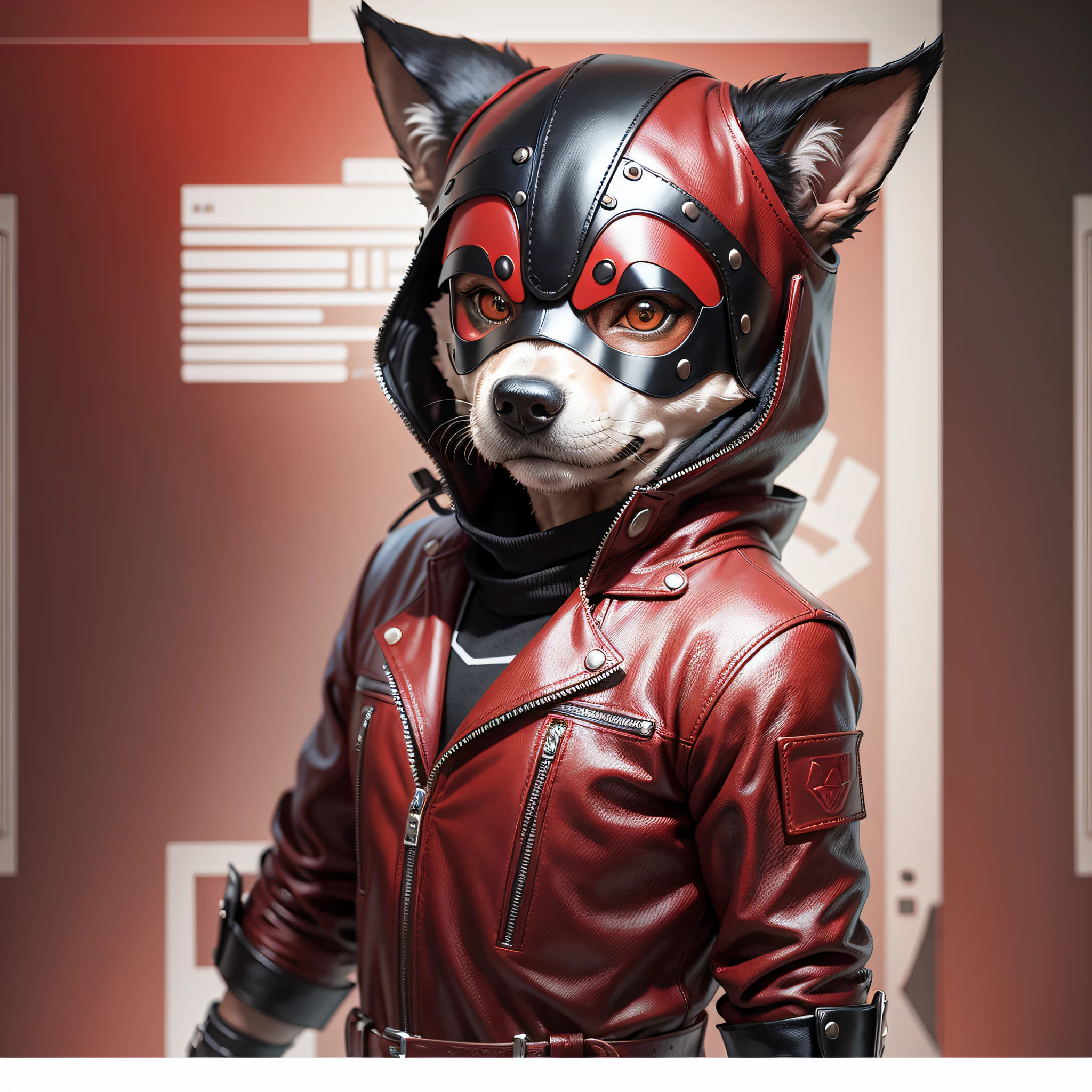 Create a man, wearing a dog mask made of leather, in red color with black, chibi, 3d style, -hd --no background --quality 1 --aspect 1:1 --auto --s2