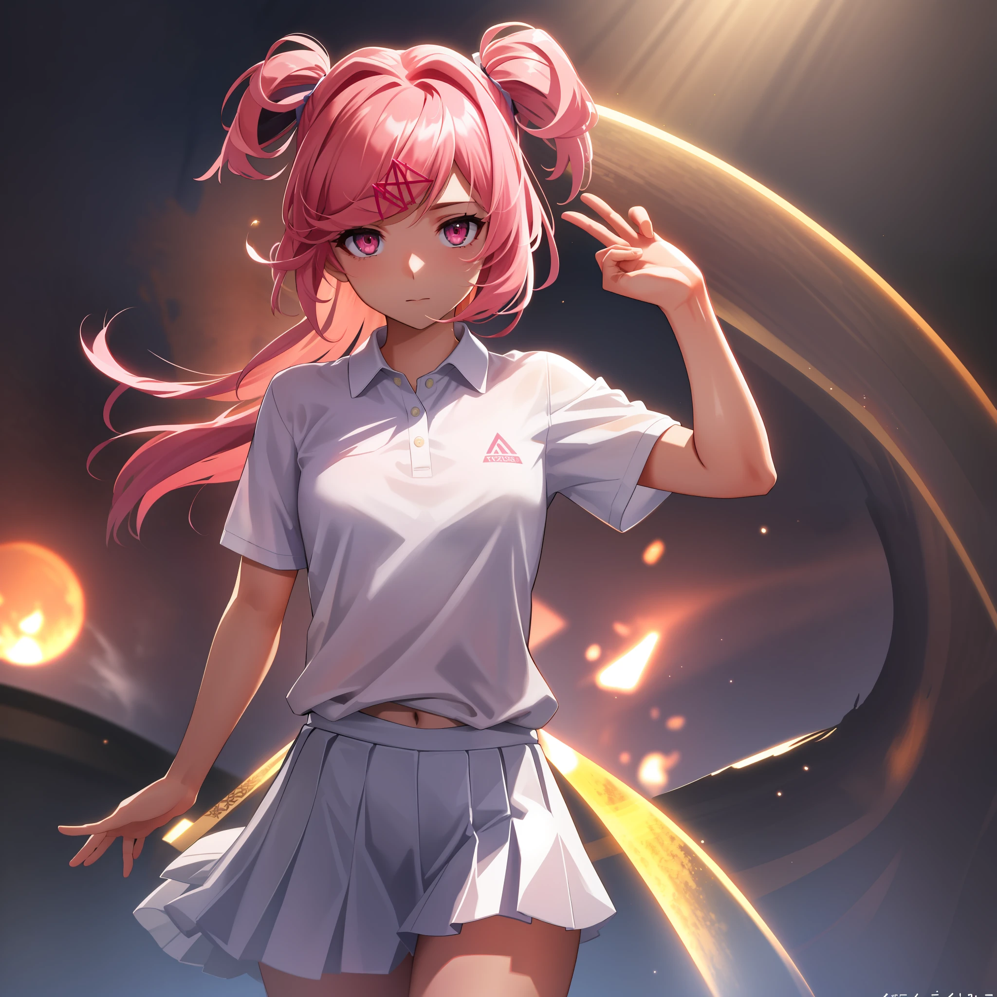 1 girl, Natsuki, pink eyes, pink hair, two sides up, hair ornament, hair ribbon, white shirt polo collar, blue skirt, looking at the viewer, upper body, showing off t-shirt, front ,(masterpiece), best quality, highres, (hyper-realistic: 1.3), 4k, 8k, detailed illustration, intricate detail, (1girl), (medium breasts: 1.2), (full_body: 1.3), dirt on body, dirty, (dirty body: 1.7), (dirty skin: 1.7), sweaty skin, very detailed skin, skin pores, textured skin, distant rainbow, (sunset garden: 1.2), cinematic lighting, sharp shadows, amazing quality, amazing shading, soft lighting, (symmetrical: 0.5) ultra detailed,