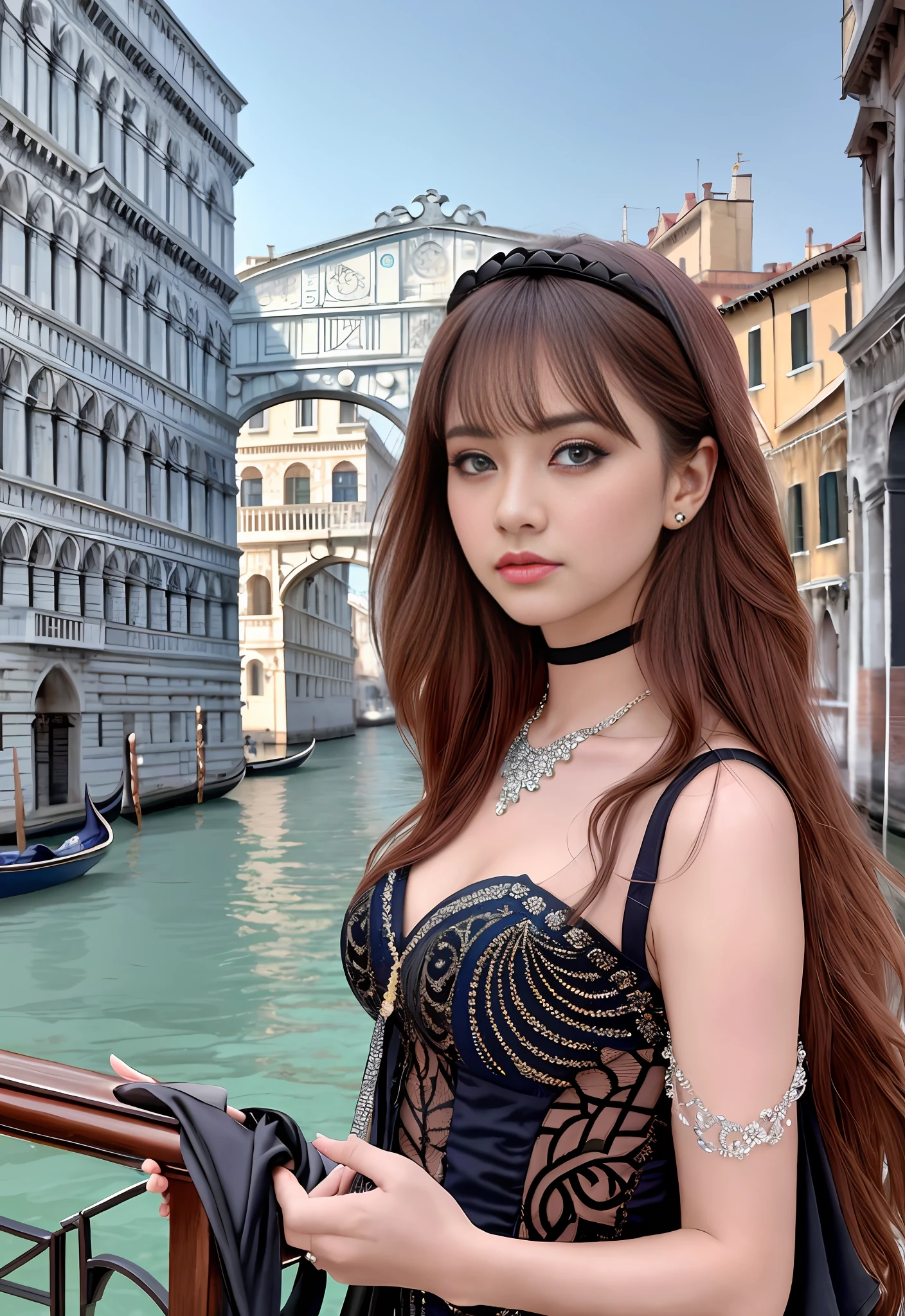 a hyper realistic ultra detailed photograph of a beautiful girl as a female 2020s dancer on the boat of 2020s Venice,(Bridge Of Sighs background),(princess eyes,shiny pupils), detailed symmetric beautiful hazel eyes, detailed gorgeous face, peaky blinders environemt, trending on cg society, bauhaus, bulgari, colourful atmosphere, official valentino editorial, moonlight, medium symmetry, neoprene, behance contest winner, portrait featured on unsplash, stylized digital art, smooth, ultra high definition, 8k, unreal engine 5, ultra sharp focus, award-winning photograph, Canon EOS 5D Mark IV DSLR, f/8, ISO 100, 1/250 second, TanvirTamim, trending on artstation, by artgerm, h. r. giger and beksinski, highly detailed, vibrant