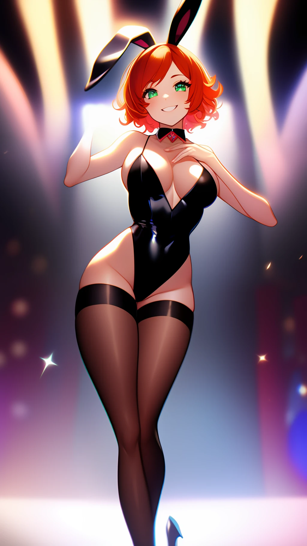 masterpiece, (best quality: 0.8), perfect anime illustration, high quality, (highres:1.2), sharp focus, detailed, 1woman, (ginger hair: 1.1), (short curly hair:1.35), (emerald eyes:1.1), thick eyelashes, (finely detailed eyes:1.1), sharp pupils, collarbone, (smile face, face, flushed, lascivious expression:1.2), frekles, medium chest, show, finger, bright lips, perfect hands, detailed skin, full body, looking at the viewer, bright colorful, volumetric lighting, extremely detailed, half fish net, high cut black Bunnysuit, black rabbit ears, red high heels, white choker, black ties, standing on one leg, legs up, split, split standing, show stage, audience background, pov audience,