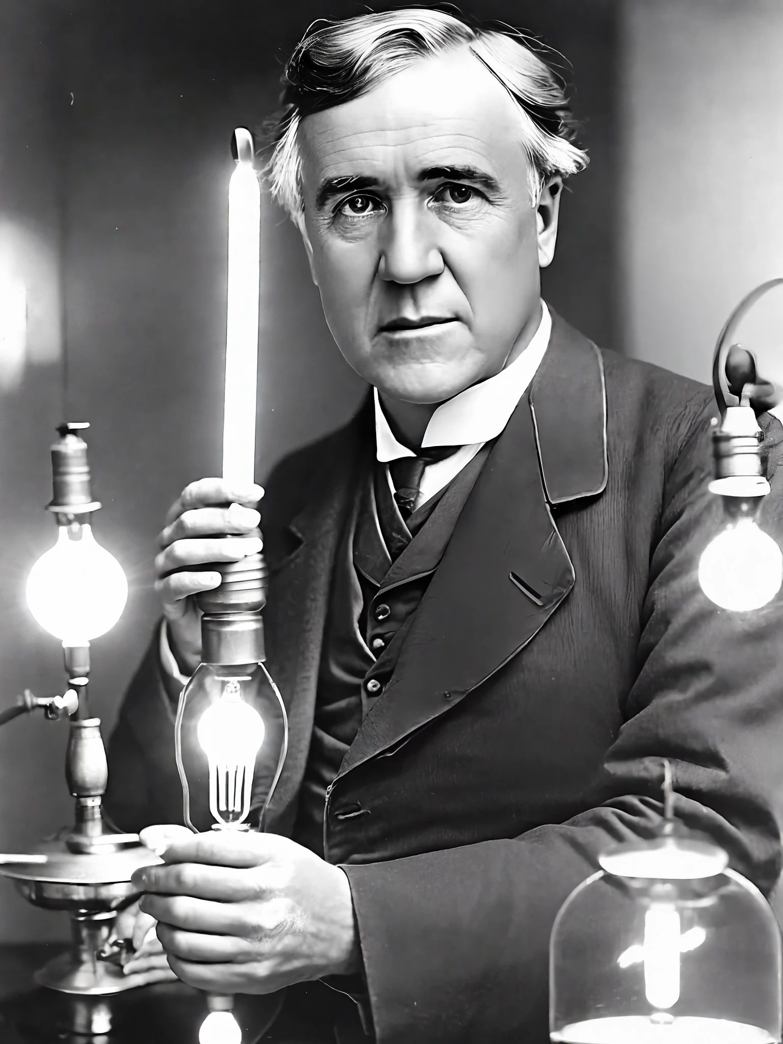 photo of Thomas Edison, holding a lit light bulb in his hand, looking at the camera, portrait, in a research laboratory, ultra realistic, Extremely detailed