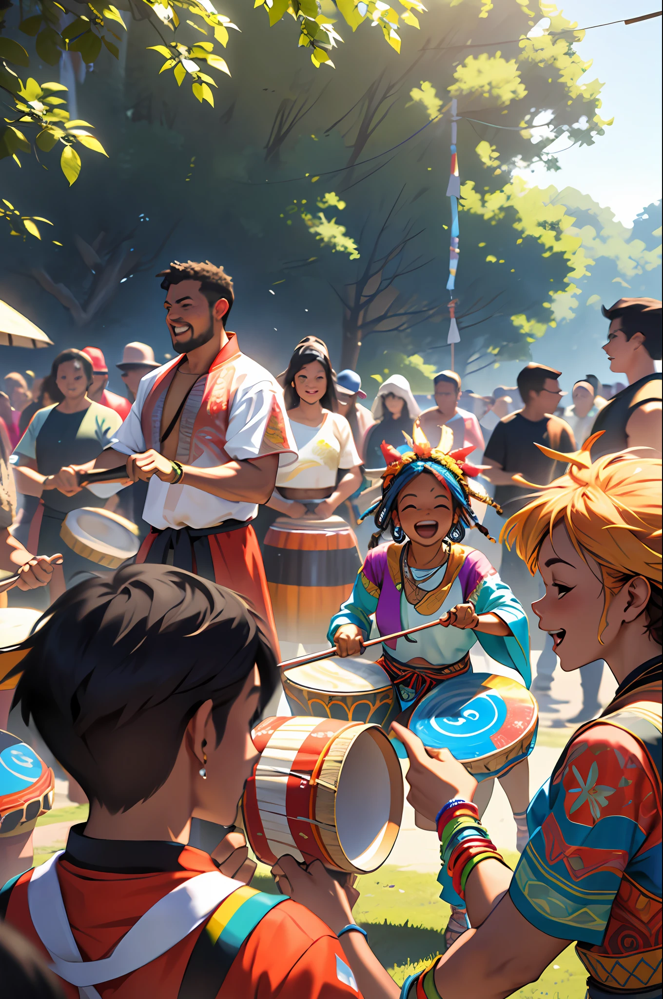 (best quality) In the middle of the (summer) day, a (drum circle) of (various races, in contemporary clothing) gathers. The air is filled with the sound of drums and the sound of laughter. The (ceremony) is (colorful) and filled with (vibrancy) and (energy).