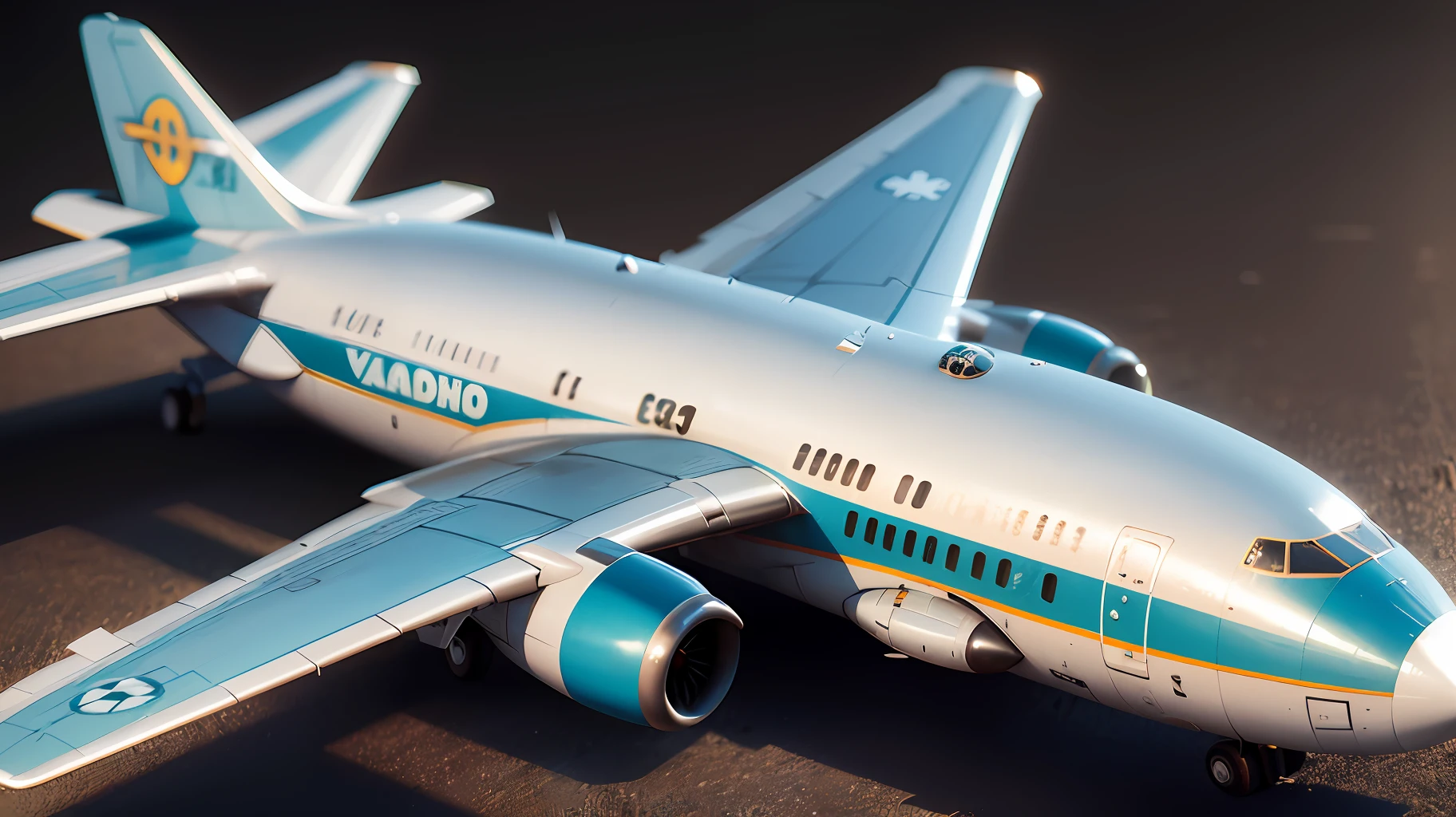 ((Photo Raw:0.9), best quality, high resolution, cinematic, filmic, vintage, grainy, black & white, retro, contrasty, moody, dark shadows, low-key lighting), 500R, airplane in a blue circle with a white background, airplane illustration, 3D icon for mobile gaming, render airbrush, digitally painted, Alexey Egorov, 3D logo, Viktor Antonov, no Behance, aircraft, rendered in keyshot, official art,  stylized 3D graphics, (Art Deco), stylized PBR. 50k