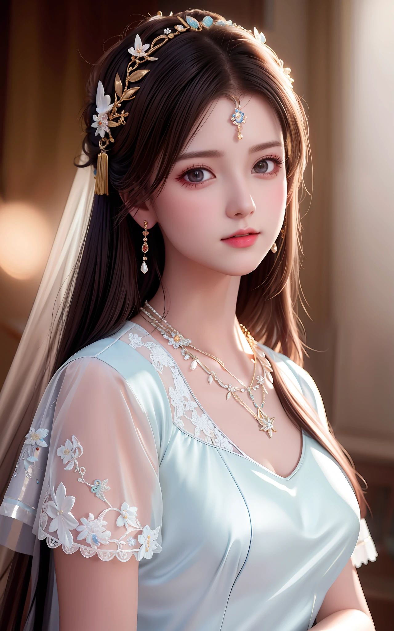 Best Quality, Masterpiece, High Resolution, 1girl, Porcelain Dress, Hair Accessories, Necklace, Jewelry, Beautiful Face, Physically, Tyndall Effect, Realistic, Dark Studio, Rim Lighting, Duotone Lighting, (High Detail Skin : 1.2), 8k uhd, dslr, soft light, high quality, volume light, candid, photo, high resolution, 4k, 8k, bokeh