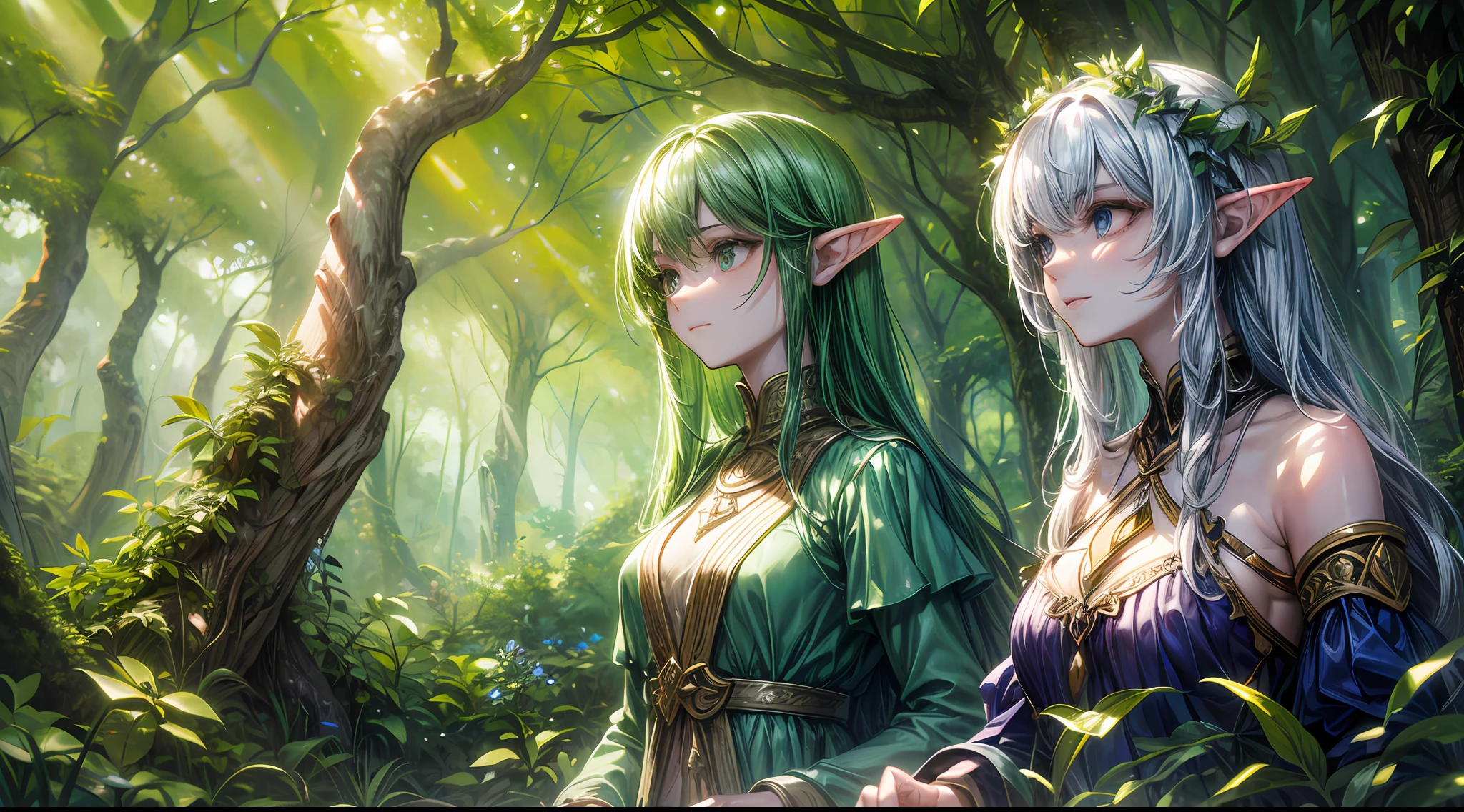 Within the depths of a magnificent forest, a multitude of wood elves perch on the branches of towering trees, their bows drawn taut. The forest is a tapestry of vivid colors, with a lush carpet of emerald-green moss covering the forest floor and vibrant wildflowers adding splashes of red, blue, and yellow to the landscape. The air is thick with the scent of damp earth and floral fragrances, while the gentle babble of a nearby brook provides a soothing melody. Shafts of sunlight pierce through the dense foliage, casting pockets of light and shadow, adding an air of mystique to the scene. The wood elves, adorned in attire woven from leaves and feathers, observe us with a mixture of curiosity and guarded vigilance. Sculpture, crafted with clay and adorned with natural elements found in the forest