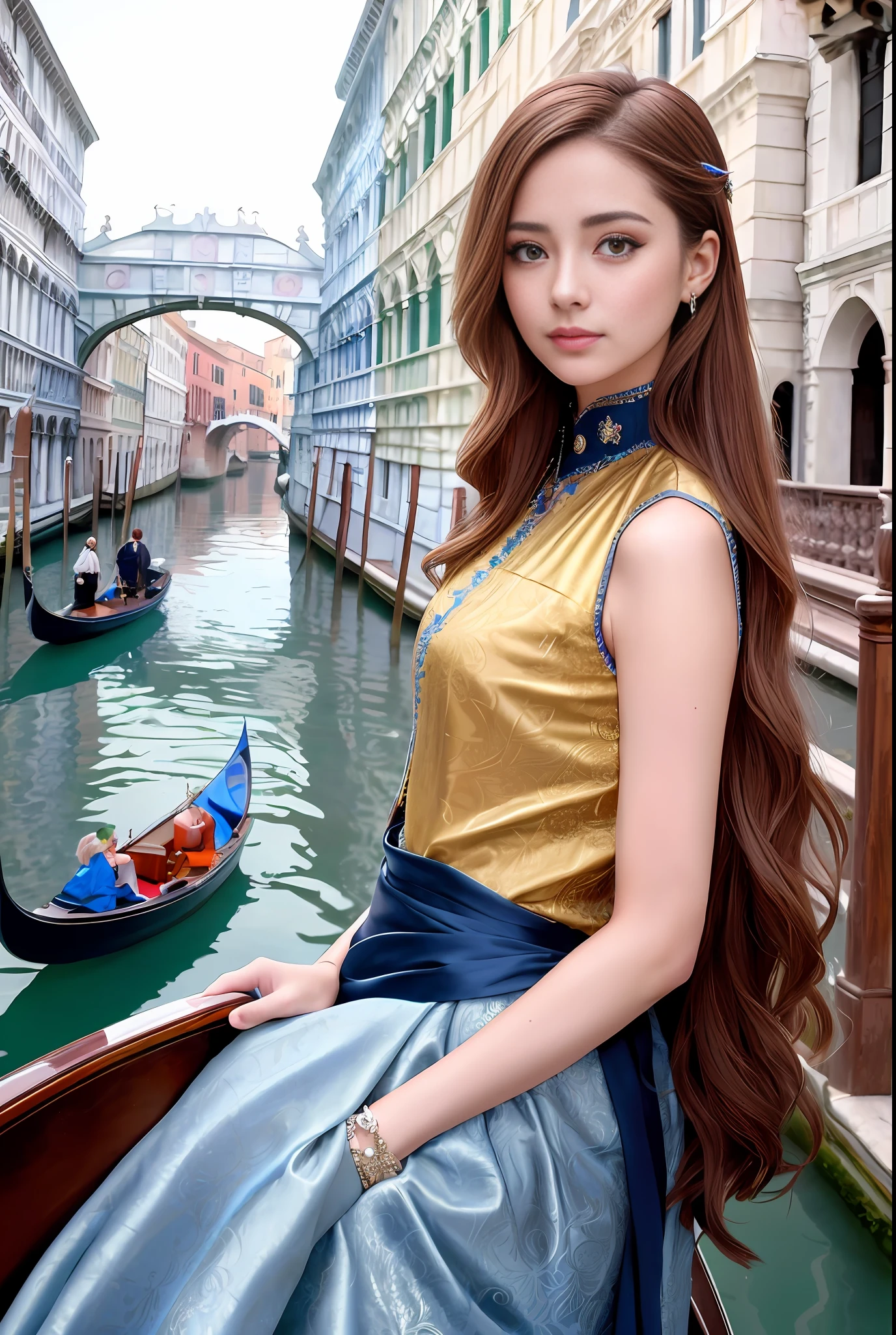 modelshoot style, (extremely detailed CG unity 8k wallpaper), full shot body photo of the most beautiful artwork in the world, stunningly beautiful photo realistic cute women, a hyper realistic ultra detailed photograph of a beautiful girl as a female 2020s dancer on the boat of 2020s Venice,(Bridge Of Sighs background),(princess eyes,shiny pupils), detailed symmetric beautiful hazel eyes, detailed gorgeous face,highly detailed, vibrant,professional majestic oil painting by Ed Blinkey, Atey Ghailan, Studio Ghibli, by Jeremy Mann, Greg Manchess, Antonio Moro, trending on ArtStation, trending on CGSociety, Intricate, High Detail, Sharp focus, dramatic, photorealistic painting art by midjourney and greg rutkowski