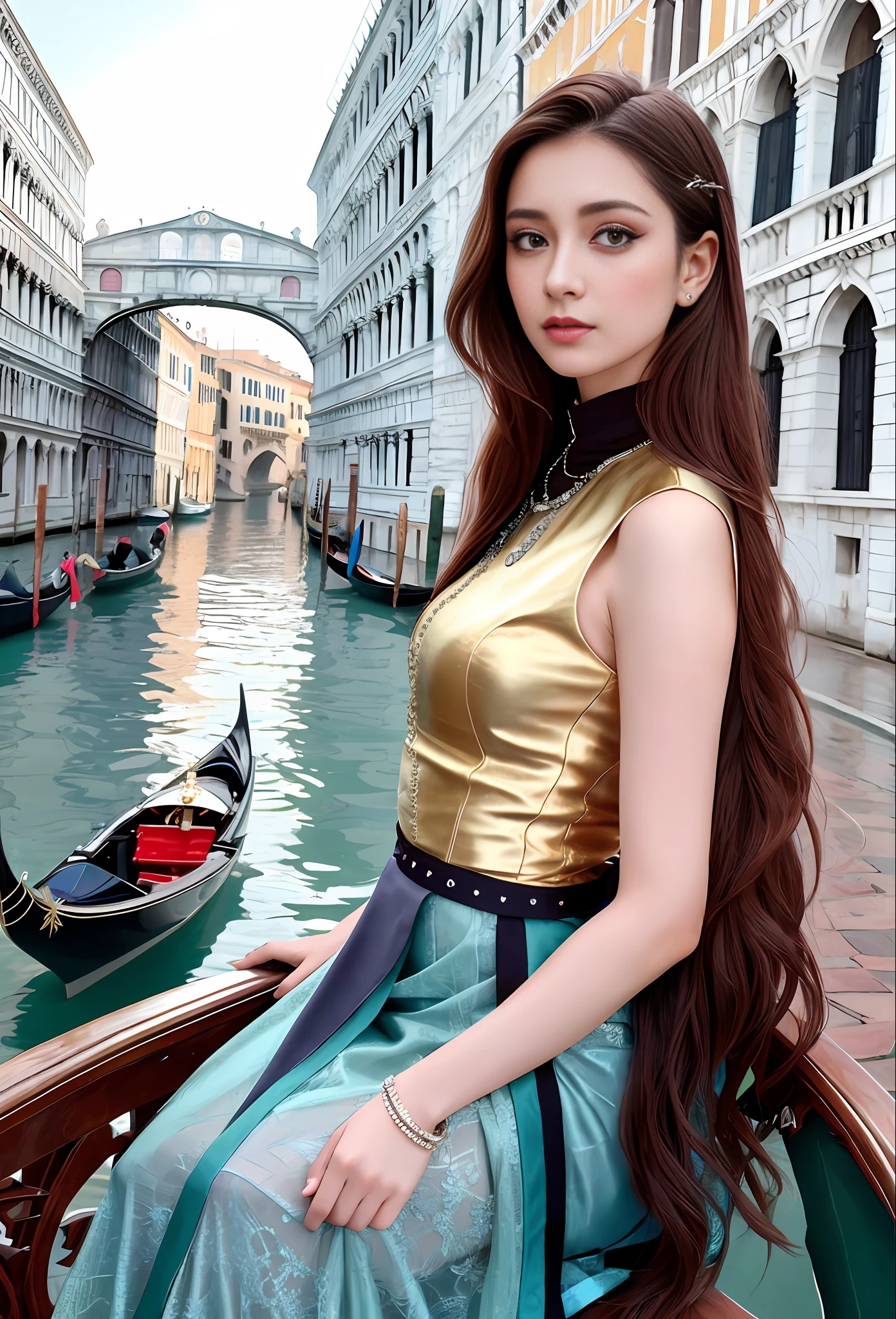 a hyper realistic ultra detailed photograph of a beautiful girl as a female 2020s dancer on the boat of 2020s Venice,(Bridge Of Sighs background),(princess eyes,shiny pupils), detailed symmetric beautiful hazel eyes, detailed gorgeous face, peaky blinders environemt, trending on cg society, bauhaus, bulgari, colourful atmosphere, official valentino editorial, moonlight, medium symmetry, neoprene, behance contest winner, portrait featured on unsplash, stylized digital art, smooth, ultra high definition, 8k, unreal engine 5, ultra sharp focus, award-winning photograph, Canon EOS 5D Mark IV DSLR, f/8, ISO 100, 1/250 second, TanvirTamim, trending on artstation, by artgerm, h. r. giger and beksinski, highly detailed, vibrant