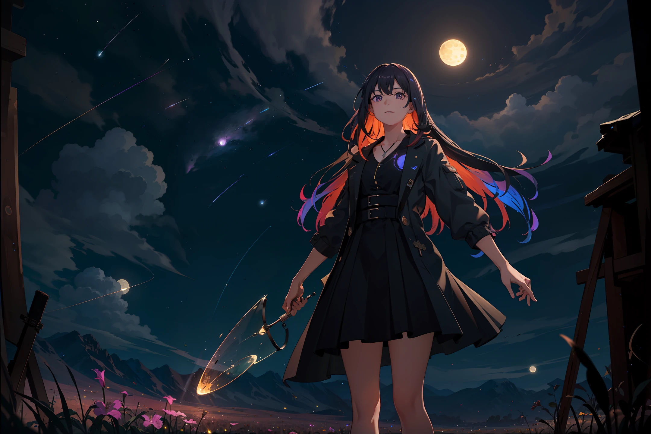 expansive landscape photograph , (a view from below that shows sky above and open field below), a girl standing on flower field looking up, (full moon:1.2), ( shooting stars:0.9), (nebula:1.3), distant mountain, tree BREAK
production art, (warm light source:1.2), (Firefly:1.2), lamp, lot of purple and orange, intricate details, volumetric lighting BREAK
(masterpiece:1.2), (best quality), 4k, ultra-detailed, (dynamic composition:1.4), highly detailed, colorful details,( iridescent colors:1.2), (glowing lighting, atmospheric lighting), dreamy, magical, (solo:1.2)