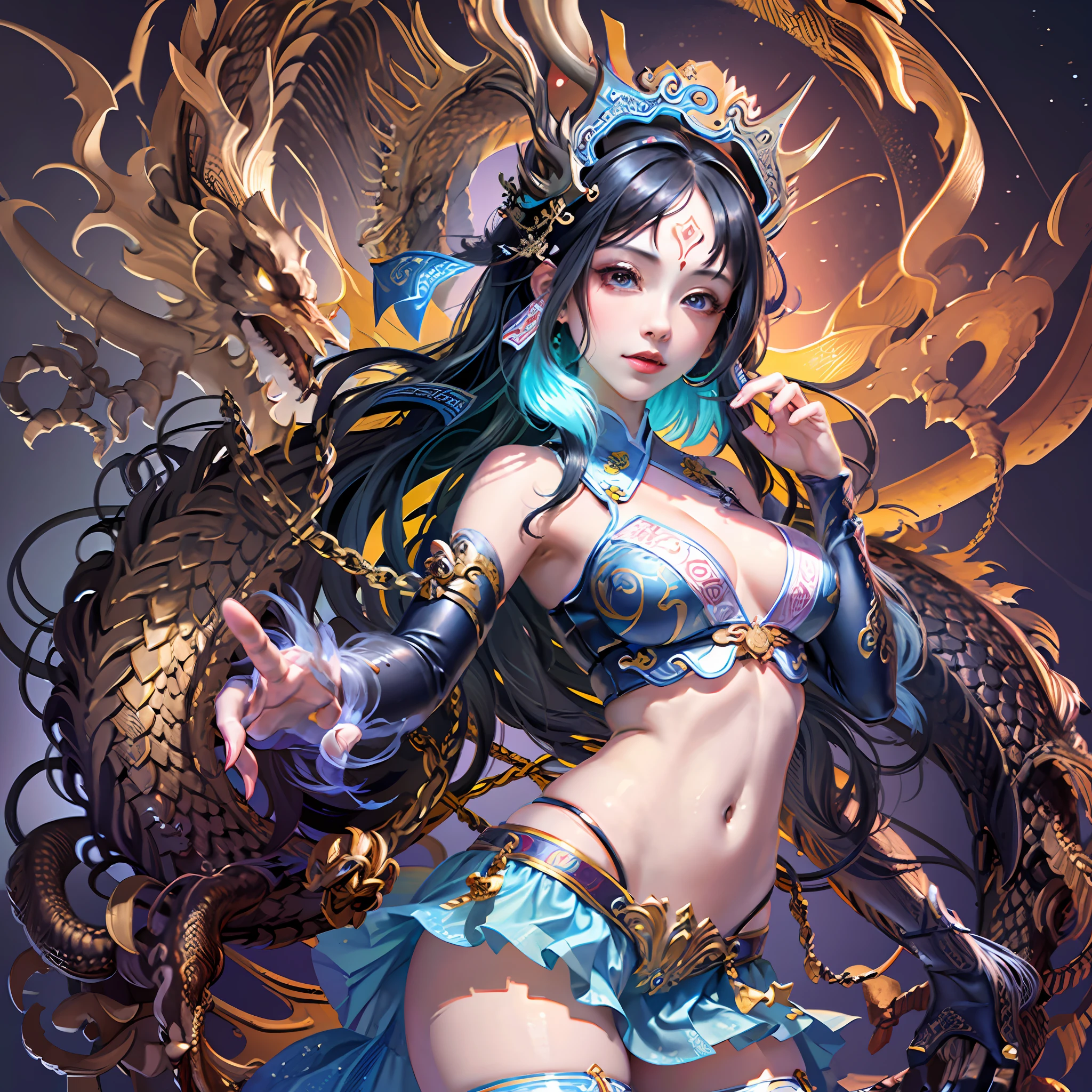 Official Art, Unified 16k Wallpaper, Ultra Detailed, Beautiful and Aesthetic, Masterpiece, Best Quality, (Zentangle, Tangle, Entangle), (fractal art: 1.4), 1girl, black hair, Chinese, bare shoulders, short skirt, calf, navel, very detailed, dynamic angle, cowboyshot, (most beautiful form chaos), flowing, (bright colors), oc, (half: 1.2), china, (thangka flying sky: 1.5), (ribbon: 1.3), (dream: 1.5), (hanfu: 1.5), Chinese dragon, Chinese phoenix, (smile: 0.5), (Chinese deity),
