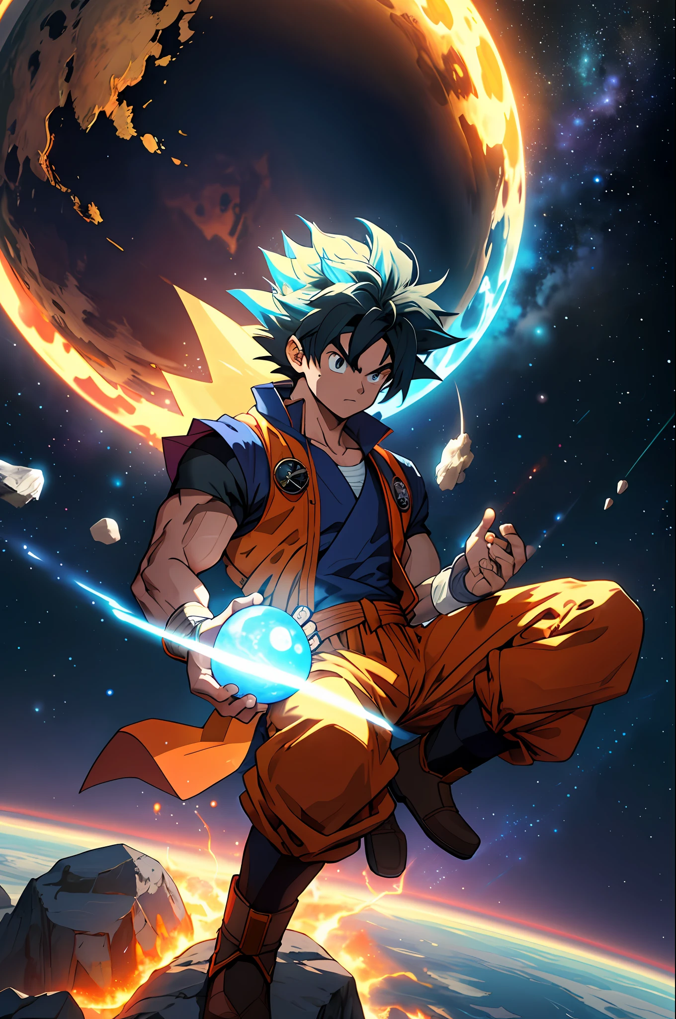 Draw a young Goku sitting on a research platform floating in the middle of an asteroid belt. He is holding a dragon ball, surrounded by several asteroids glowing with auras of fire. The dramatic illumination of distant stars and planets illuminates the scene, casting deep shadows on the costume. The young man seems confident and determined, looking at the vast and mysterious universe with admiration and respect