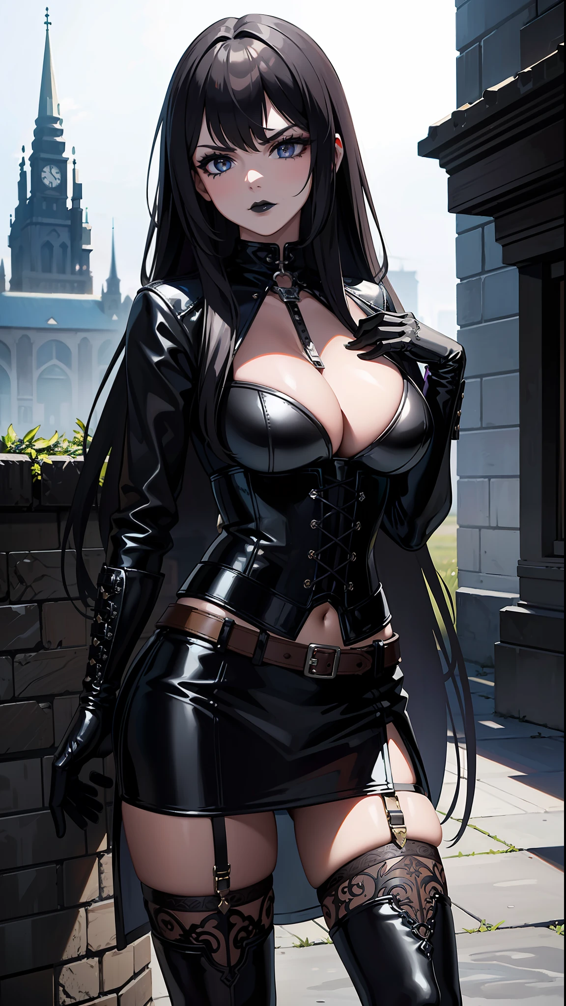 ((Best quality)), ((masterpiece)), (highly detailed:1.3),a woman long hair, bangs, leather corset, black lipstick gloves grotes, gothic scenery, serious look