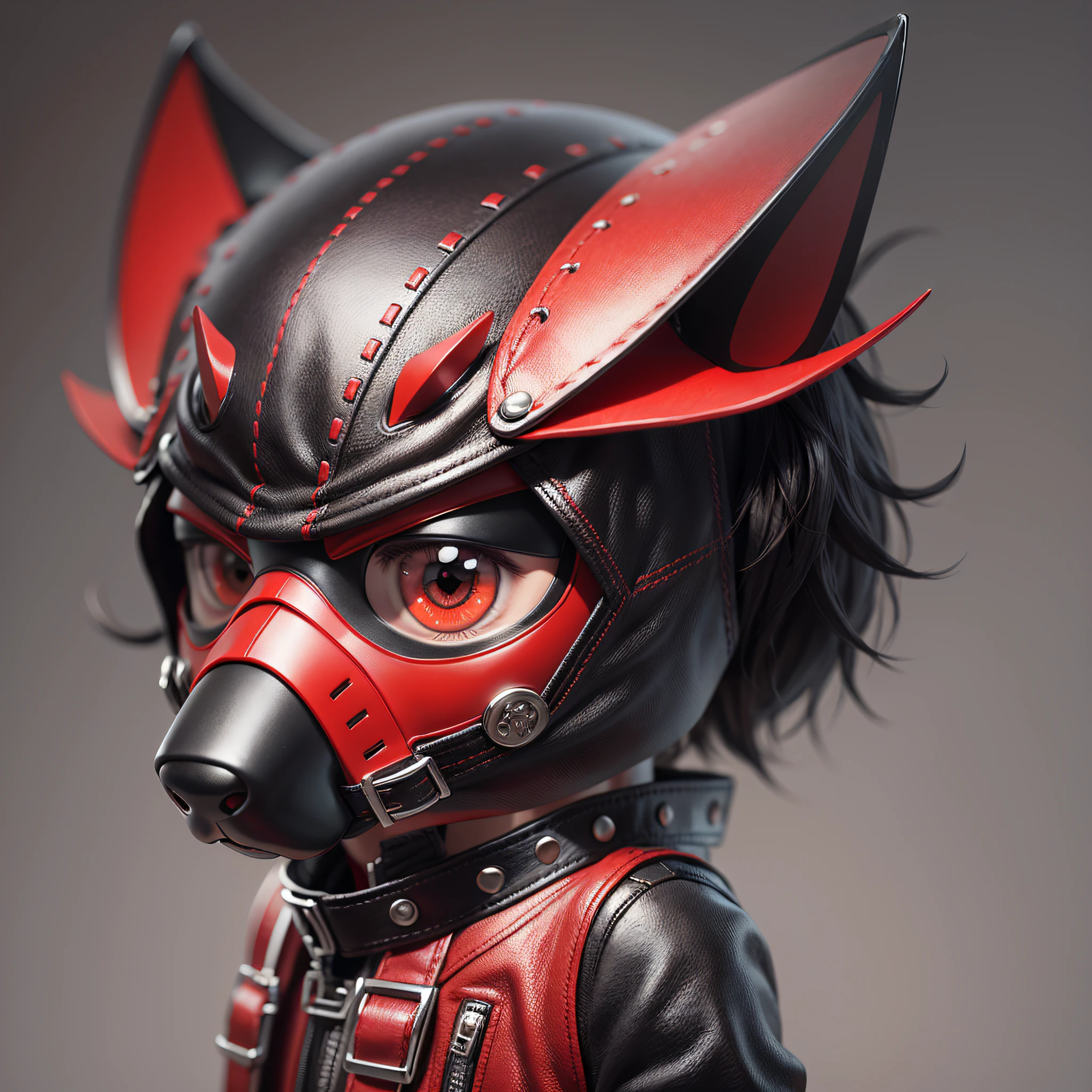 Create a man, wearing a dog mask made of leather, in red color with black, chibi, 3d style, -hd --no background --quality 1 --aspect 1:1 --auto --s2