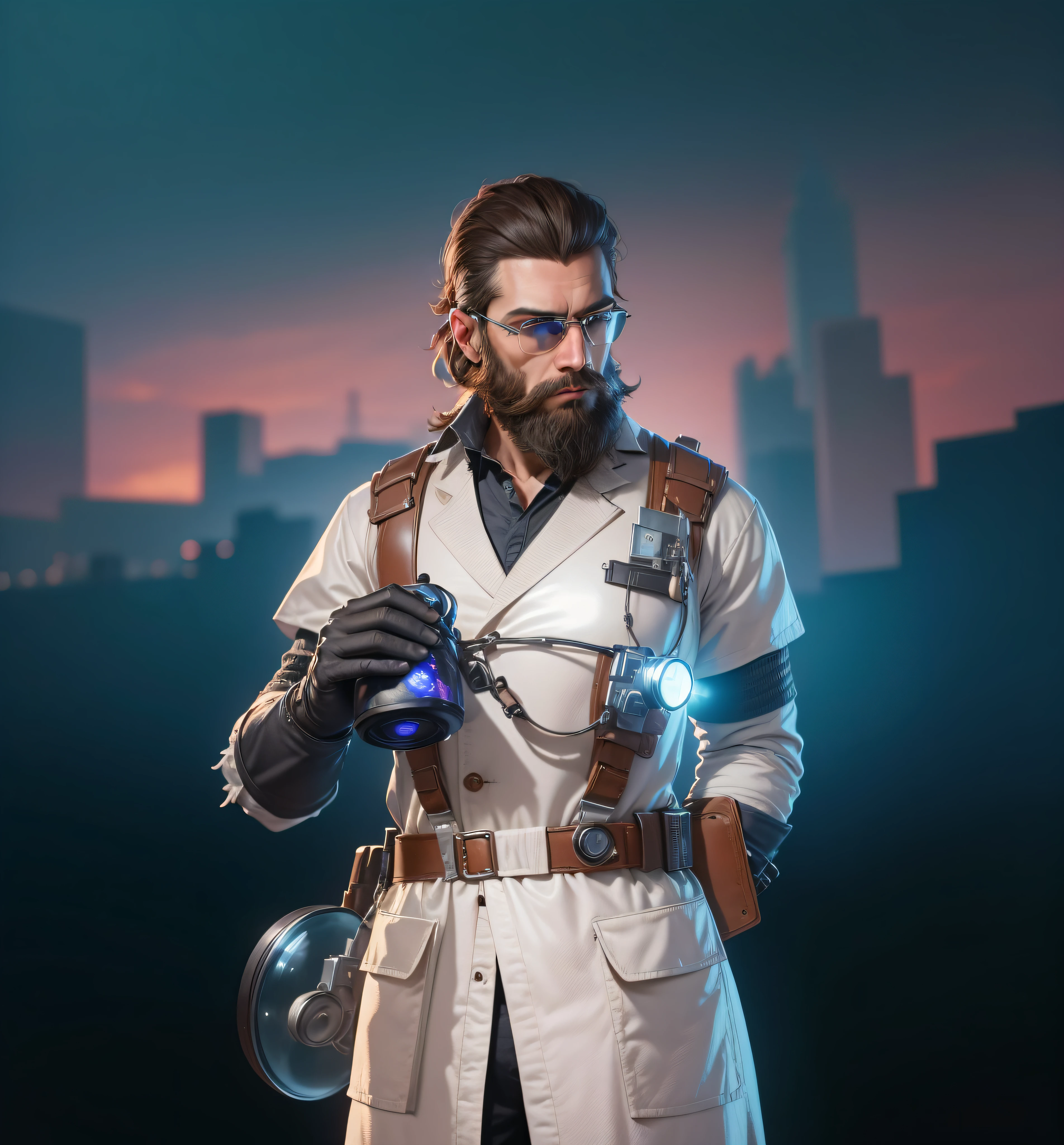 (best quality, ultra detailed, identical outfit, position and aspect of the character kept), super realistic, high resolution (4K) magnifying glass in the eye, beard, scientist