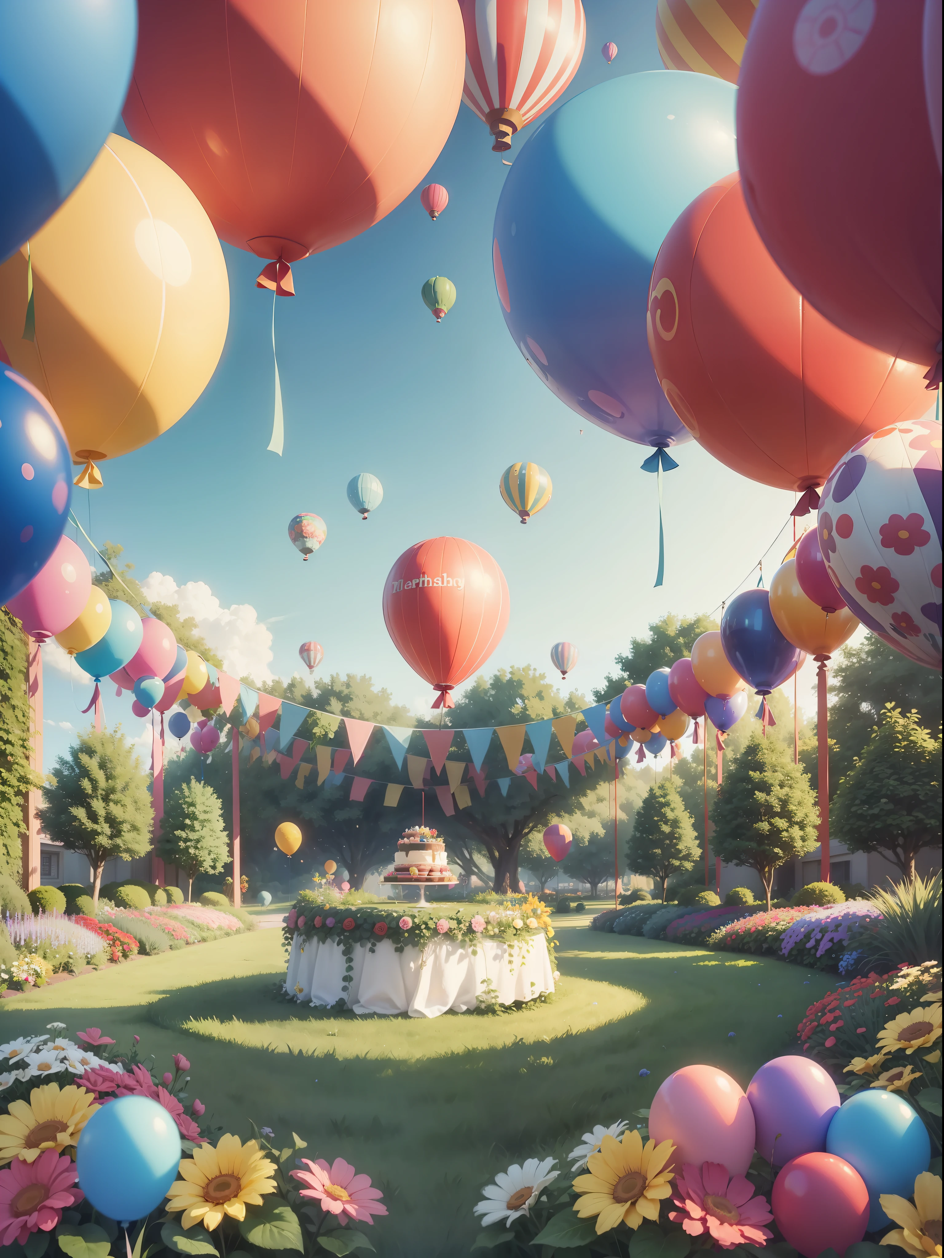 Large garden, in the background table with cake and sweets, balloons hanging from the trees, in the center a space of grass and flowers, Disney style, 8K --auto --s2