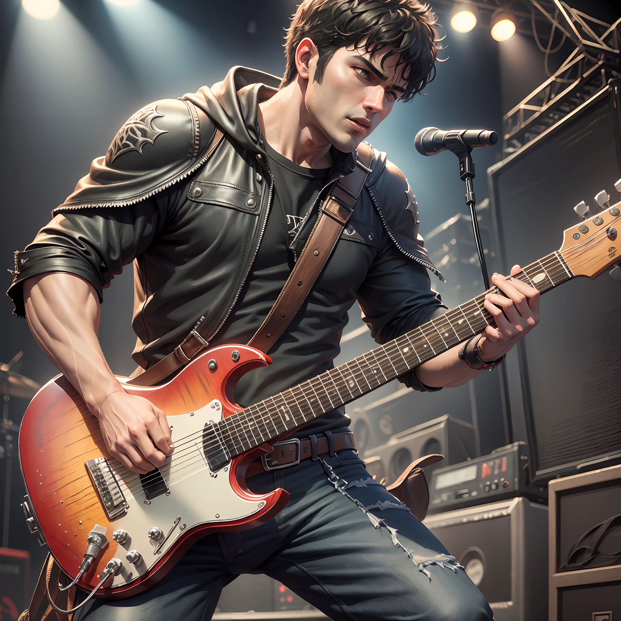 Ultra realistic, detailed, 3D artwork of Guts from the anime Berserk playing guitar on a stage at a rock concert. --auto --s2