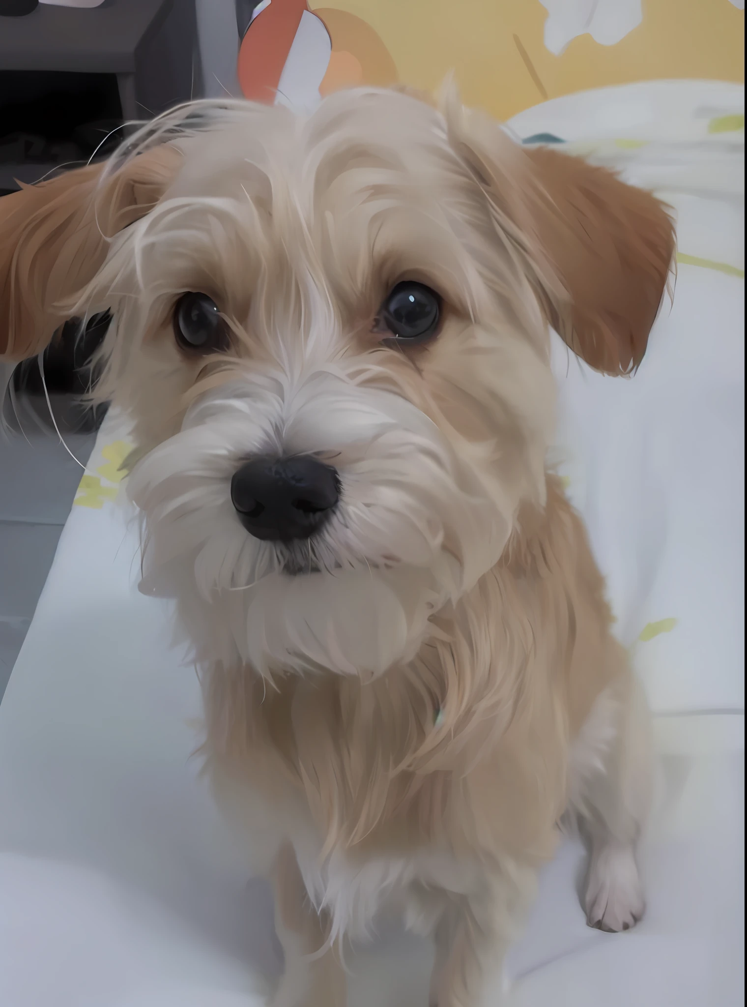 there is a small dog sitting on a bed with a pillow, cute furry needs your help, scruffy looking, breed corgi and doodle mix, by Nándor Katona, jack russel terrier, help me, doruk erdem, tia masic, aww, sparky, miko, an afghan male type, laica chrose, by Amelia Peláez --auto --s2