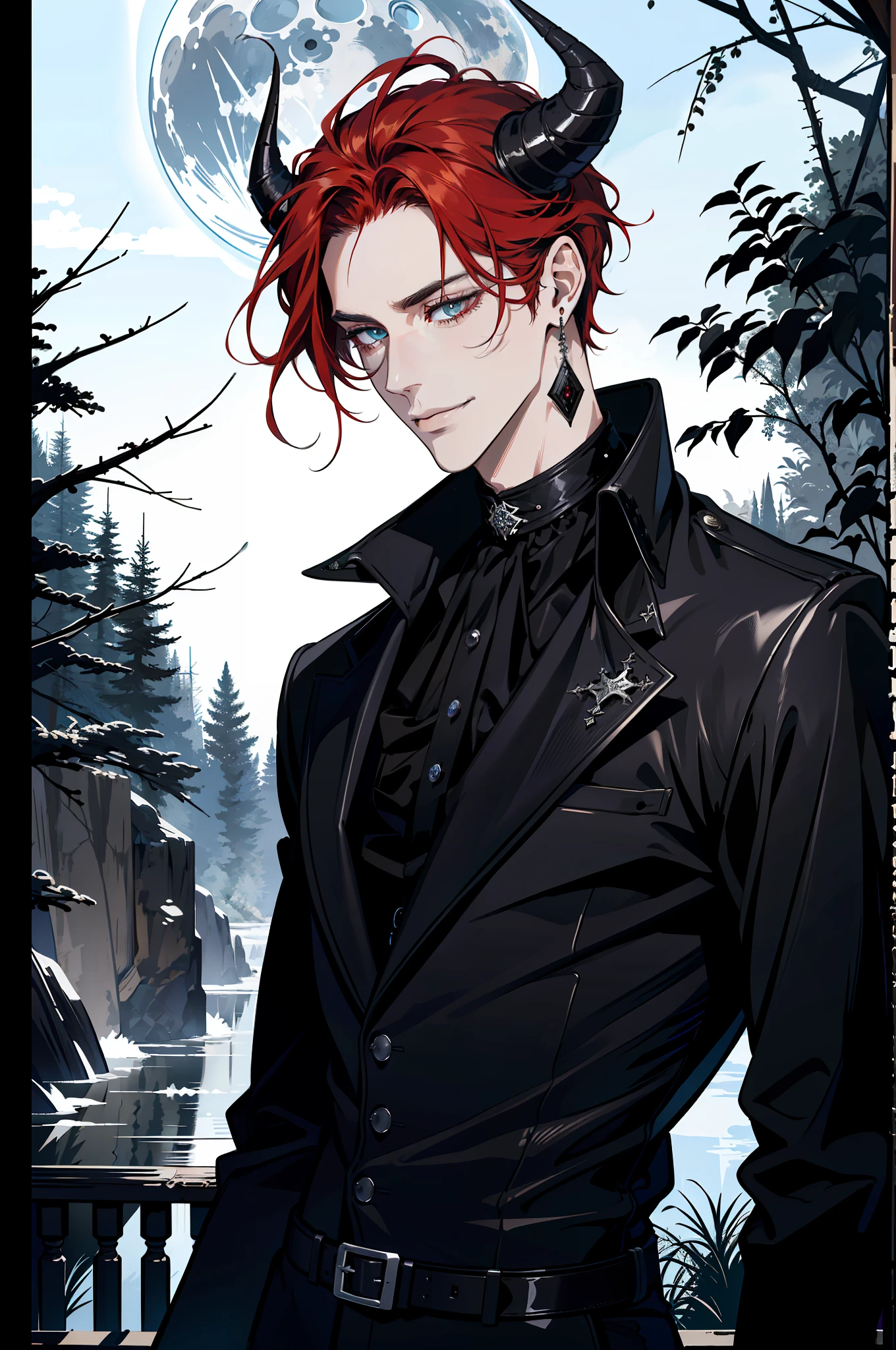 (absurdres, highres, ultra detailed), 1 male, adult, handsome, tall guy, broad shoulders, finely detailed eyes and detailed face, black leather clothes, night, smile, dutch angle, little long red hair, moon, forest, black horns in his head, silver details, earrings, black chocker, gothic, dark, heterochromia