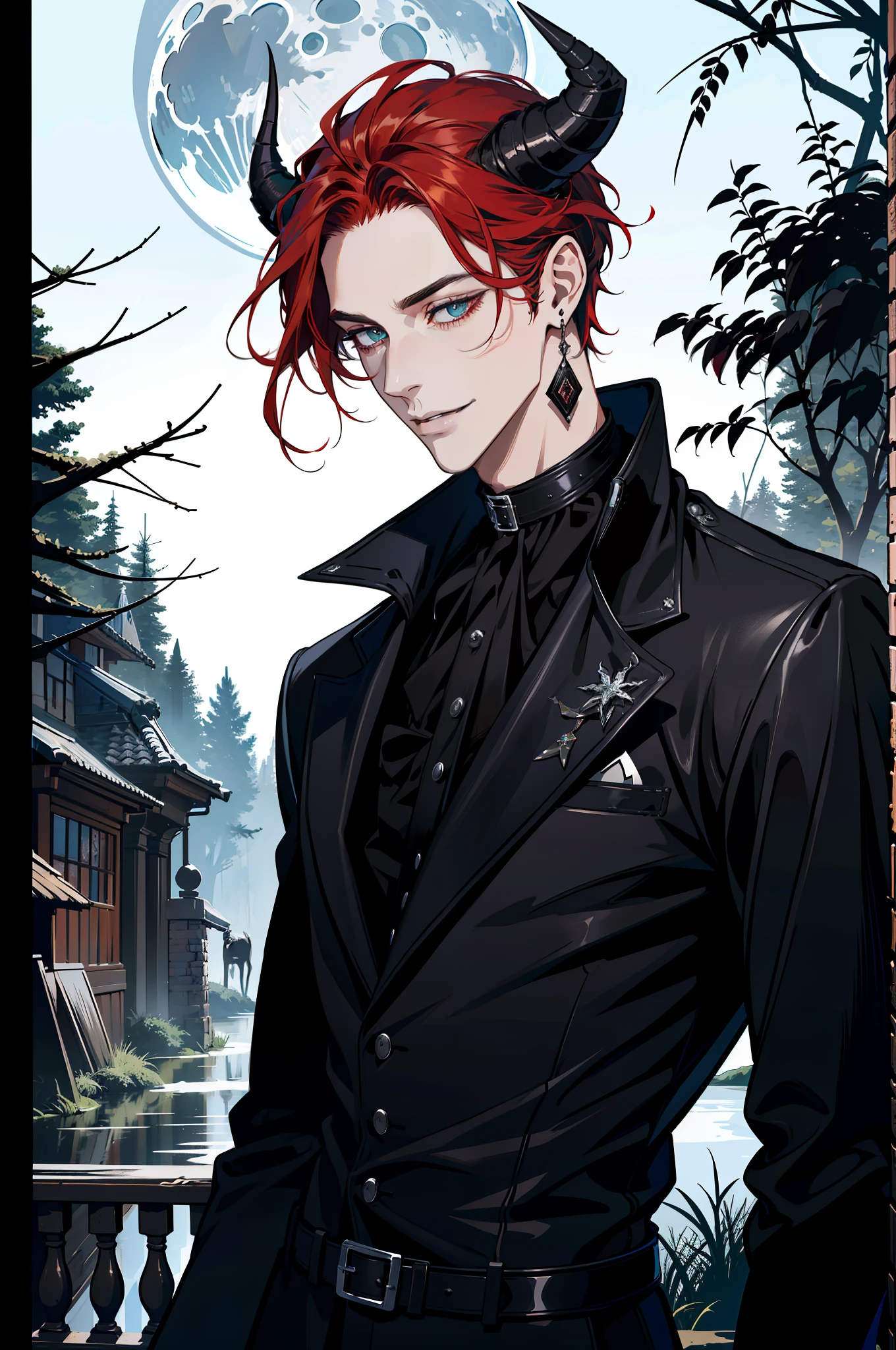 (absurdres, highres, ultra detailed), 1 male, adult, handsome, tall guy, broad shoulders, finely detailed eyes and detailed face, black leather clothes, night, smile, dutch angle, little long red hair, moon, forest, black horns in his head, silver details, earrings, black chocker, gothic, dark, heterochromia