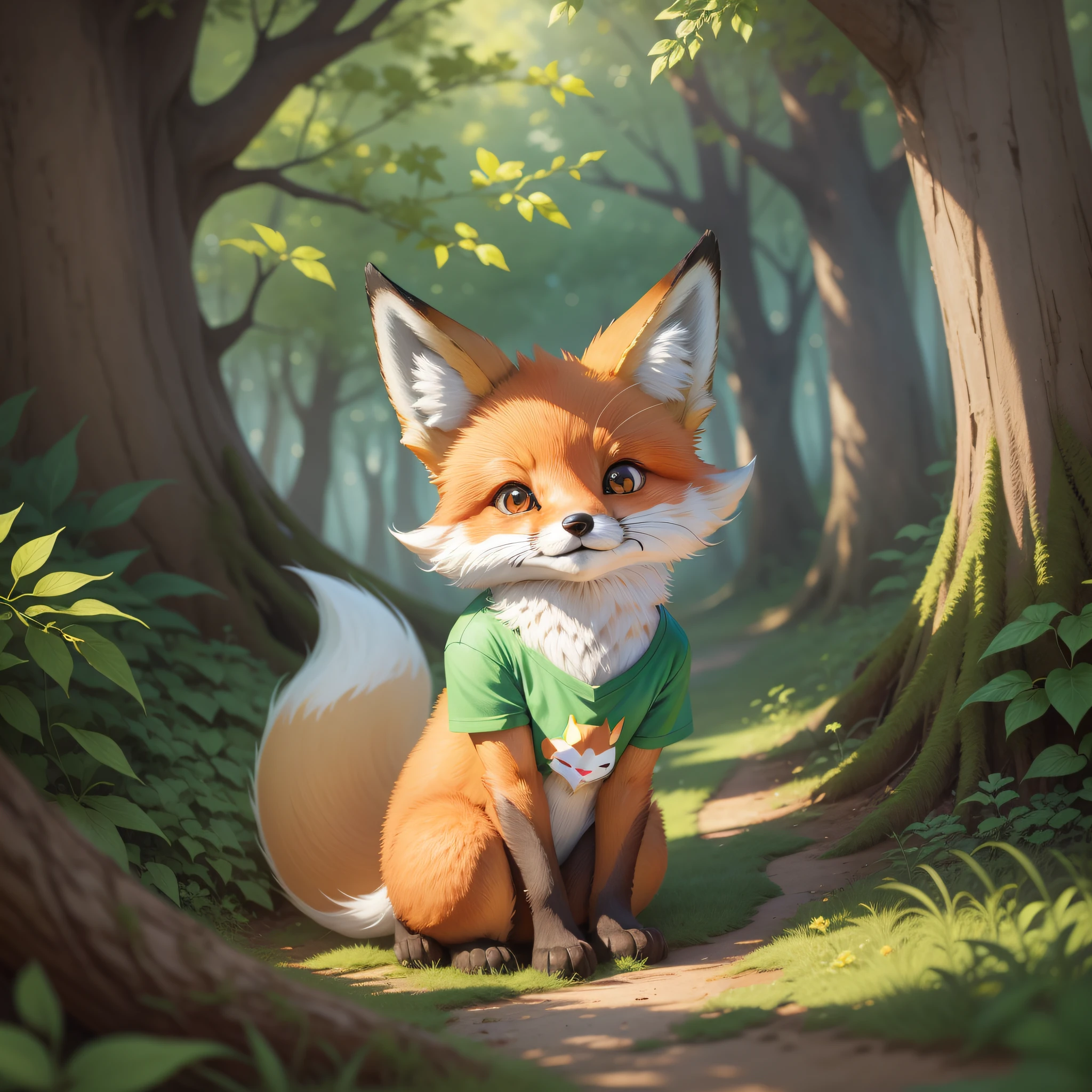 Cute cartoon fox with shirt in enchanted forest