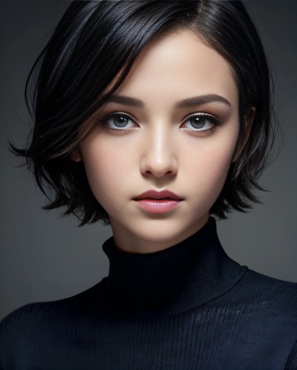 (masterpiece:1.3), (8k, photorealistic, RAW photo, best quality: 1.4), (1girl), beautiful face, (realistic face), (black hair, short hair:1.3), beautiful hairstyle, realistic eyes, beautiful detailed eyes, (realistic skin), beautiful skin, (navy blue sweater), absurdres, attractive, ultra high res, ultra realistic, highly detailed, golden ratio, dark, rim lighting
