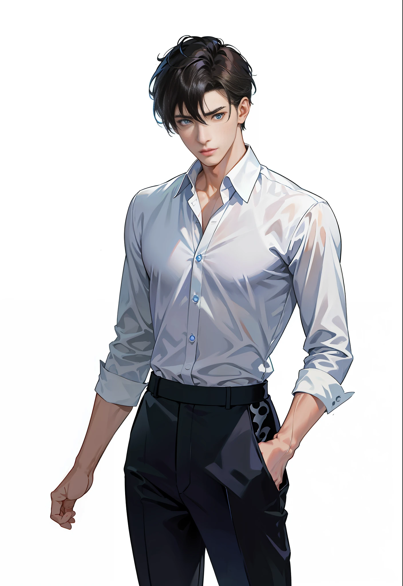 arafed image of a man in a white shirt and black pants, inspired by Yanjun Cheng, handsome anime pose, inspired by Zhang Han, single character full body, anime handsome man, handsome guy in demon slayer art, smooth anime cg art, inspired by Bian Shoumin, tall anime guy with blue eyes, male anime character, full body single character