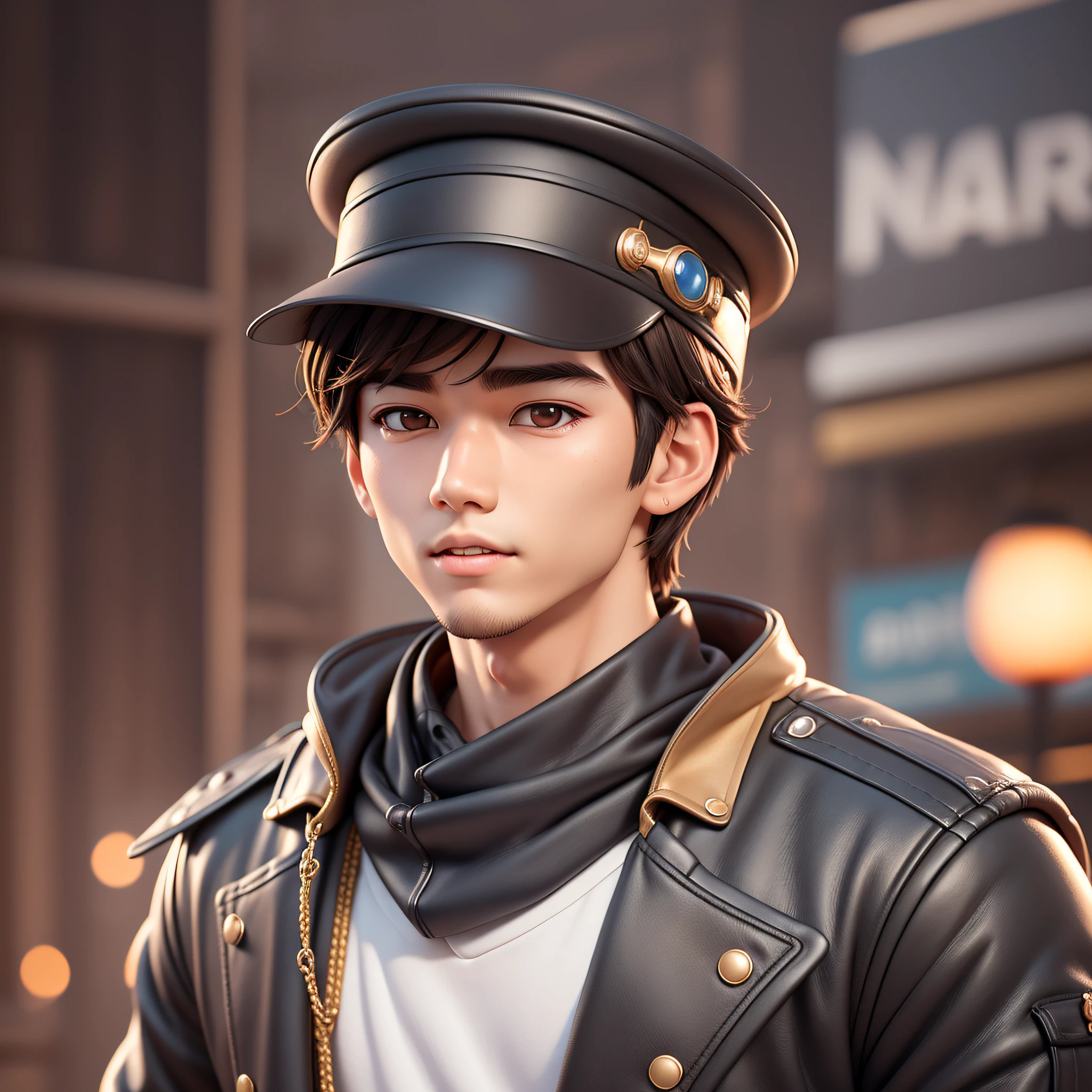 (Pixar 1.23 style) 1 young man ((upper body front, bust shot)), solo, cute guy, dark hair, handsome Korean, hat, street, ((masterpiece, highest quality)), (composite lighting)