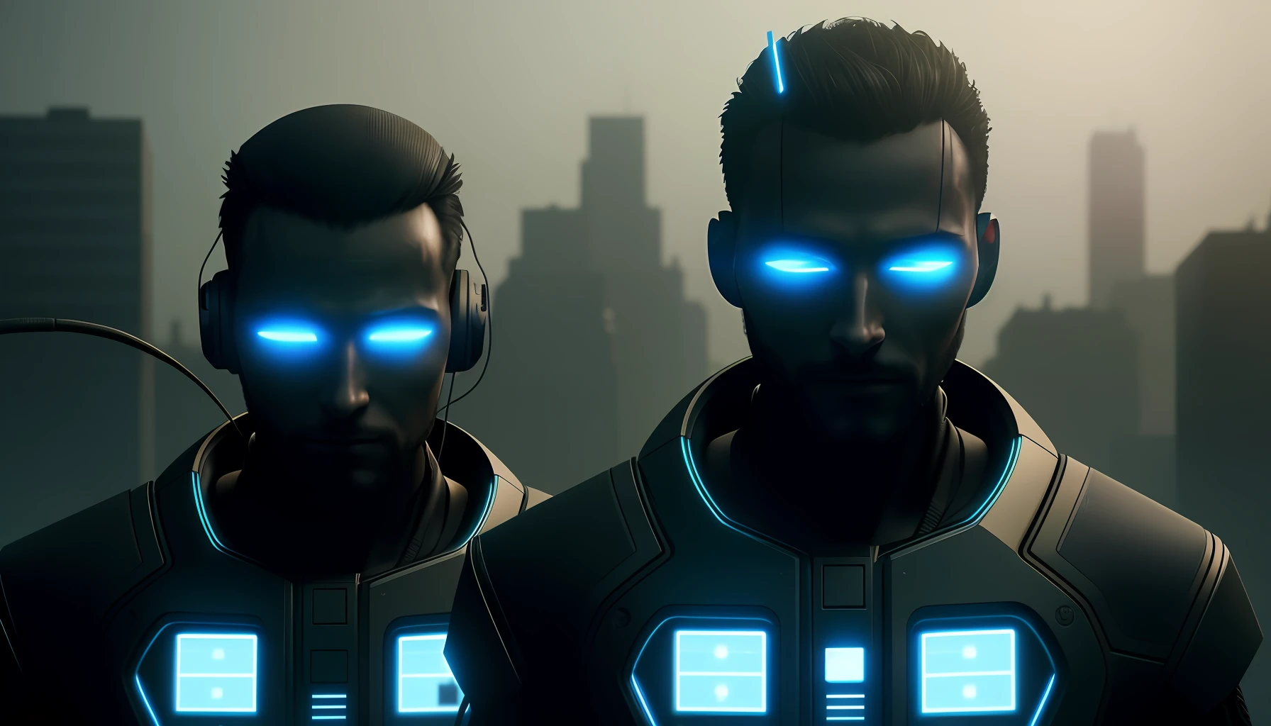 A highly detailed realistic and dark photo of a man in front, with several computer network wires and several robot around him connected by these network cables, volumetric lighting, octane rendering, 4K resolution, trend in ArtStation, Masterpiece
