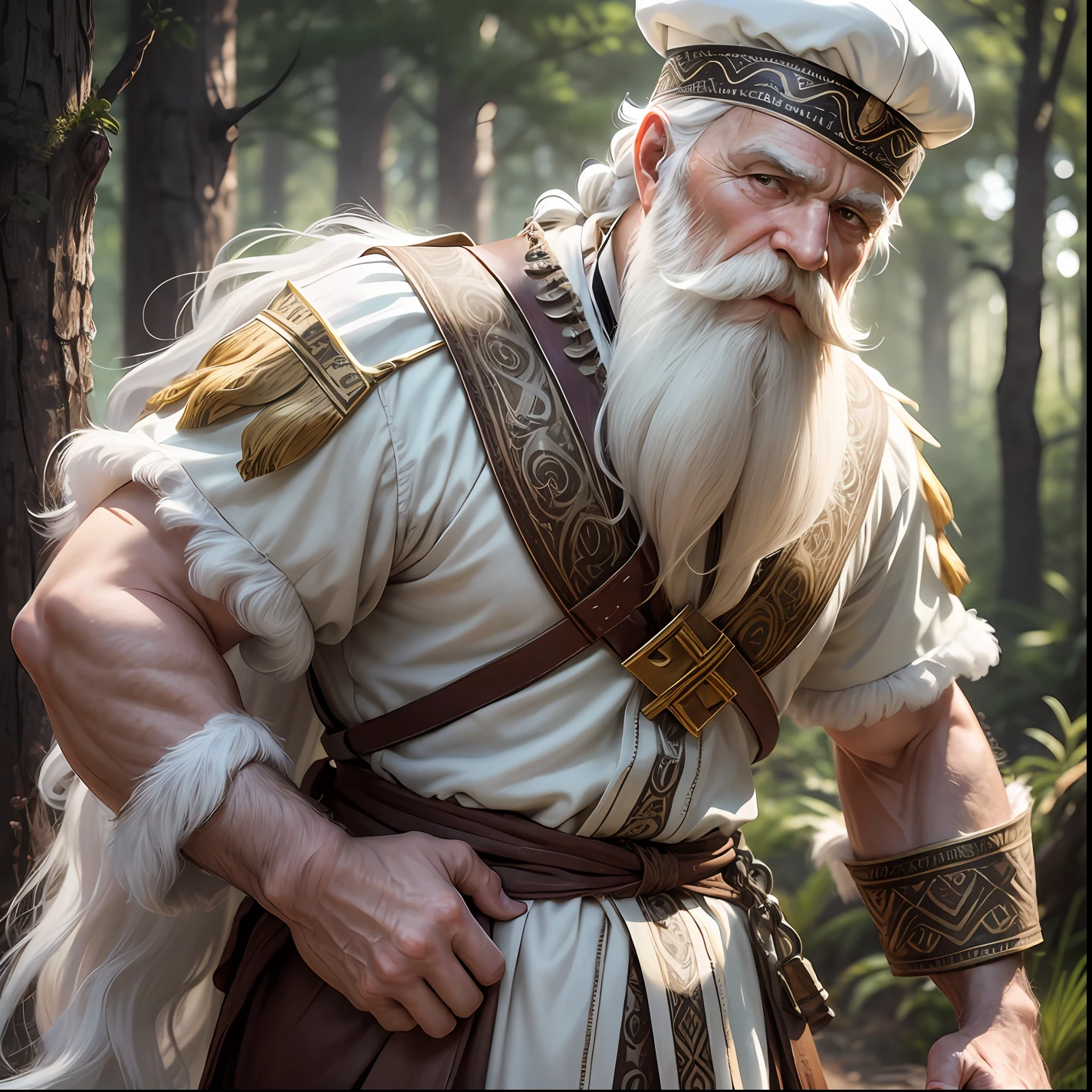 (Beautiful photo: full body) of (Ultra detailed), old, white beard, white mustache, white hair in ponytail, Hebrew style, forest, night, look close, highly detailed, (body photo), perfectly detailed eyes, studio lighting, nature paradiziaca themed background, animal skin clothes, --auto --s2