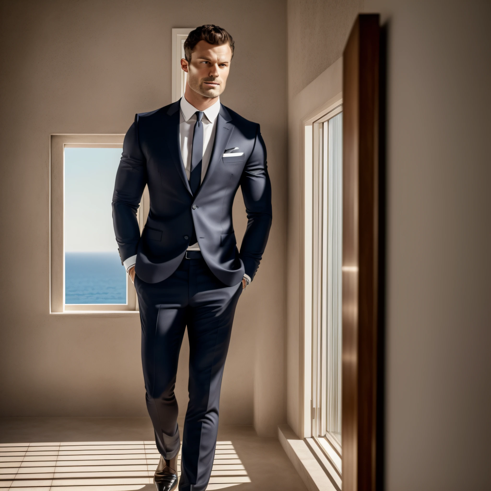 ((half body)) RAW photo (a 30-year-old man, looking out the window in his well-lit house, with an expression of dissatisfaction), Christian Grey style in the movie, Wearing black dress pants, (Beard and attractive) movie scene, (Impeccable), tanned and healed body, Serious and elegant man, Actor Jamie Dornan, with thick male eyebrows, secret agent 007 man style,  (with mysterious and serious face,) short dark hair, elegant and elegant, body fit and strong fit in suit, sea background image of Greece with sunset, Man similar to actor Jamie Dornan, (high quality and realistic image), ((Best Quality, 8k, Masterpiece). --auto --s2