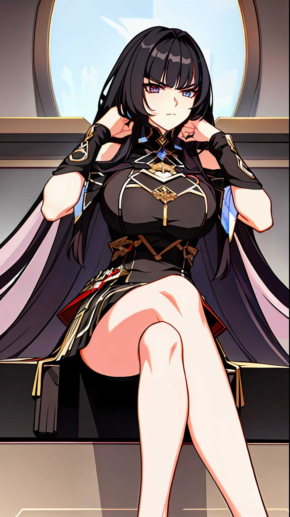 ((Best quality)), ((masterpiece)), (highly detailed:1.3),a woman long hair, bangs, sitting cross-legged look angry