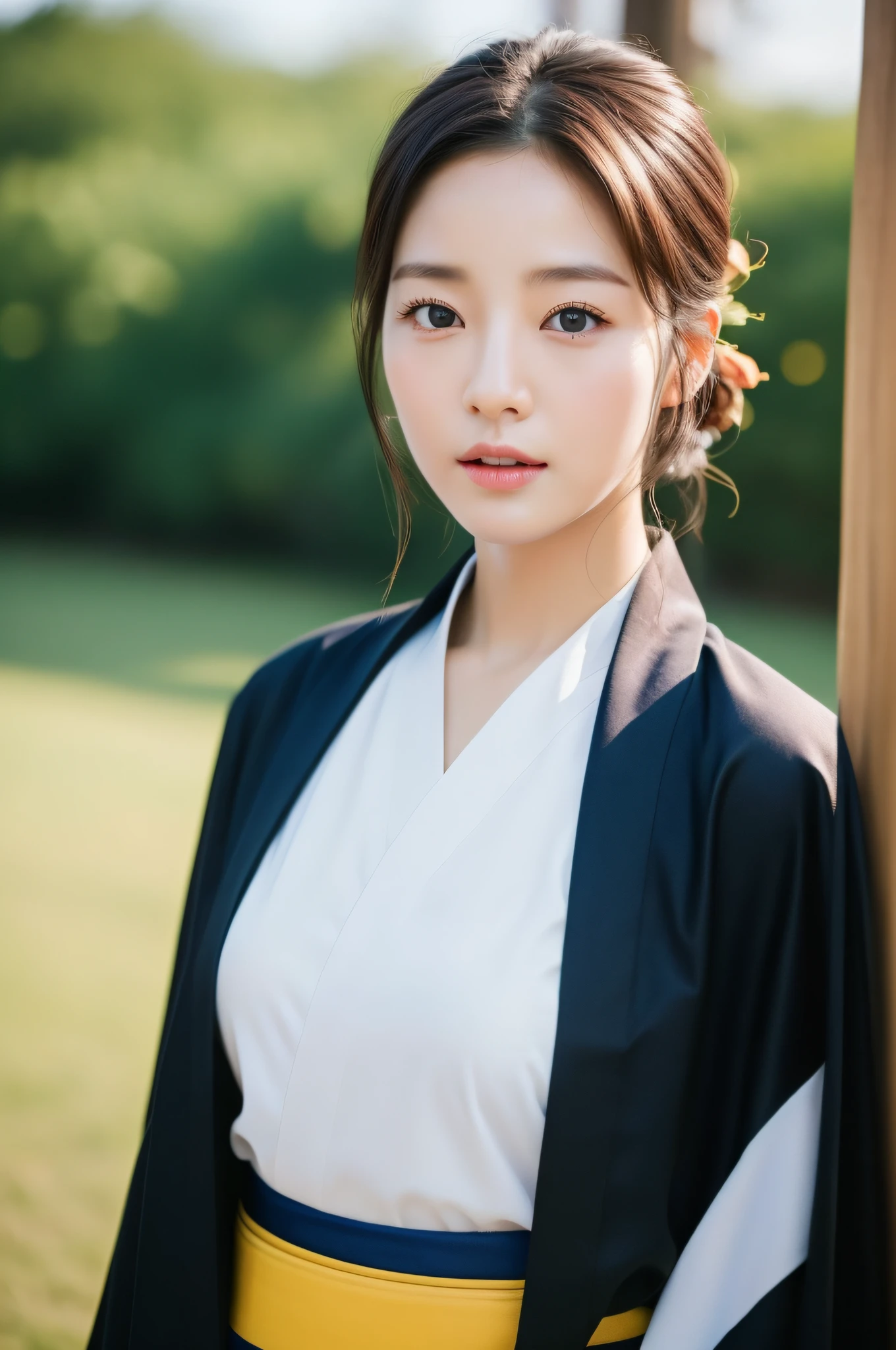 ((Best Quality, 8K, Masterpiece: 1.3)), Sharp Focus: 1.2, (Super Beautiful Face: 1.0), (Glossy Skin: 1.0), Realistic Photos, Black Hair, Realistic Pupils, Movie Lighting, Highly Detailed Eyes and Faces, Movie Lighting, (Cowboy Shot: 1.0), (Kimono, Hakama, Obi: 1.3), In Nature, (Korean Cute Actress)