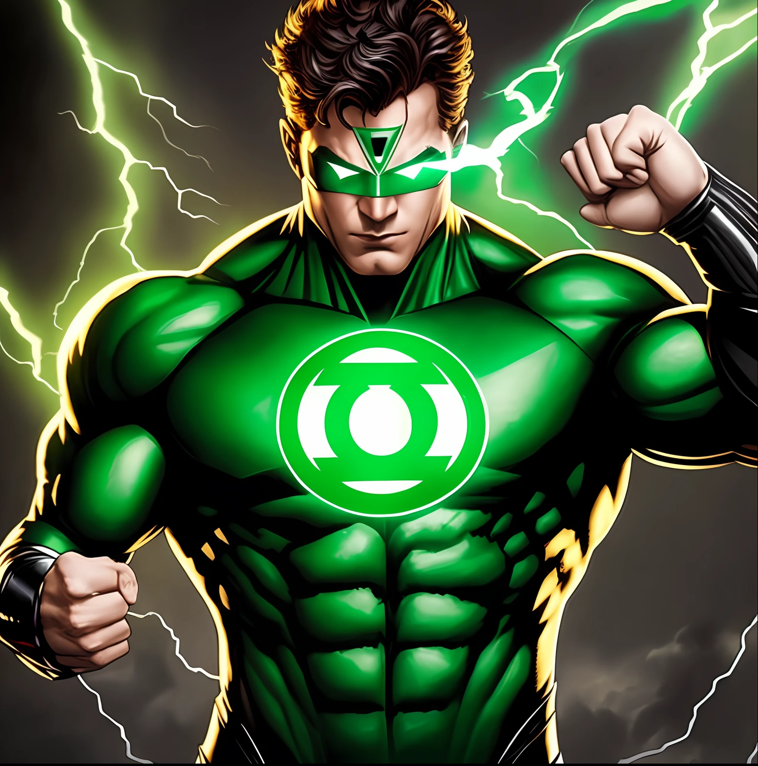 Green Lantern character, Hal Jordan, mask (high quality), photorealistic, (oil painting) DC Comics, (solo), (dynamic pose), right, ((dark setting)), smoke, satanic kingdom, (the underworld), (dark landscape), antrum, muscular, (realistic), dynamic pose, cinematic, dramatic camera angle, silver armor: 0.25, black and gold cover, (good anatomy), (good proportions), award-winning, masterpiece, centered, --auto --s2
