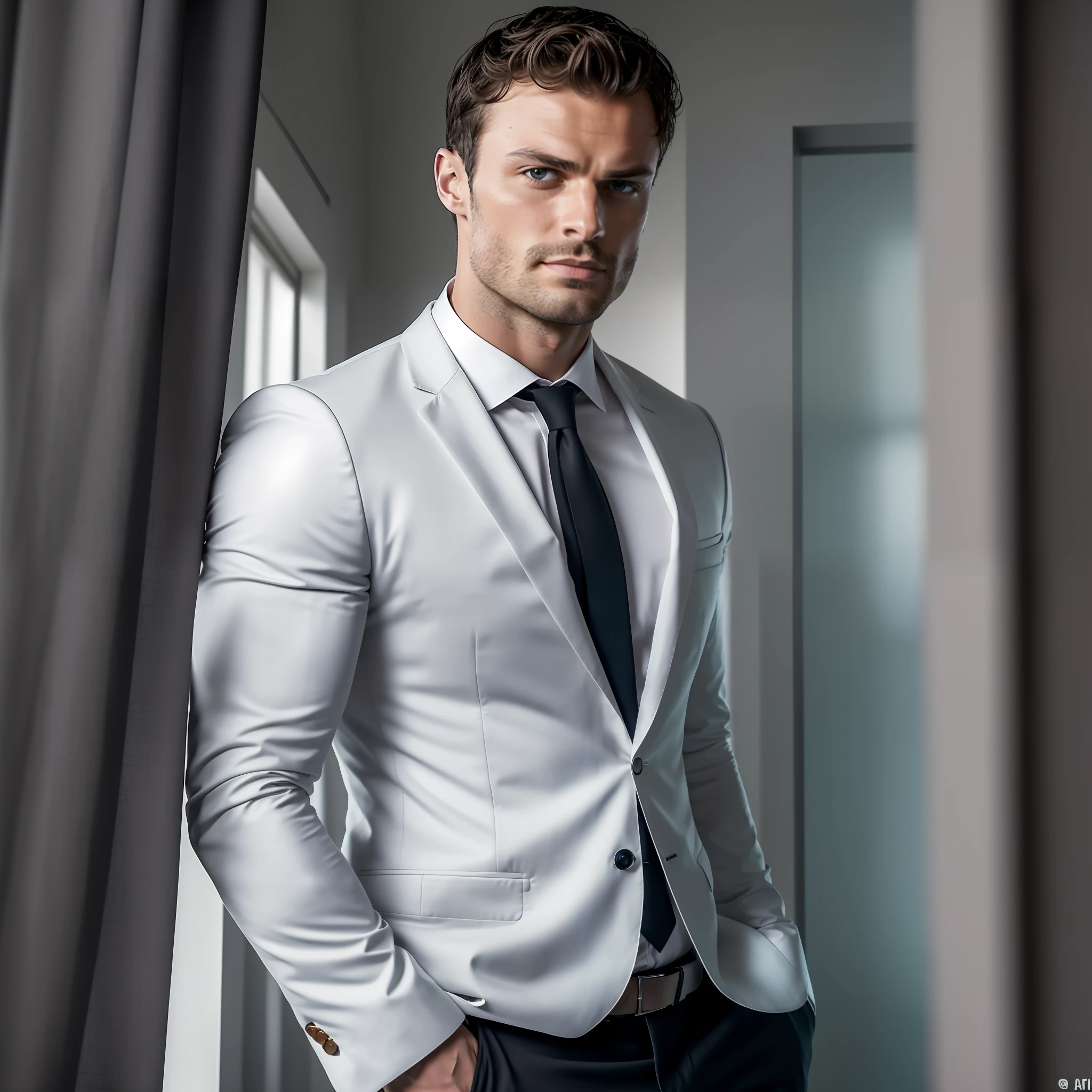 ((half body)) RAW photo (a 30-year-old man, looking out the window in his well-lit house, with an expression of dissatisfaction), Christian Grey style in the movie, Wearing black dress pants, (Beard and attractive) movie scene, (Impeccable), tanned and healed body, Serious and elegant man, Actor Jamie Dornan, with thick male eyebrows, secret agent 007 man style, (with mysterious and serious face,) short dark hair, elegant and elegant, body fit and strong fit in suit, sea background image of Greece with sunset, Man similar to actor Jamie Dornan, (high quality and realistic image), ((Best Quality, 8k, Masterpiece). --auto --s2