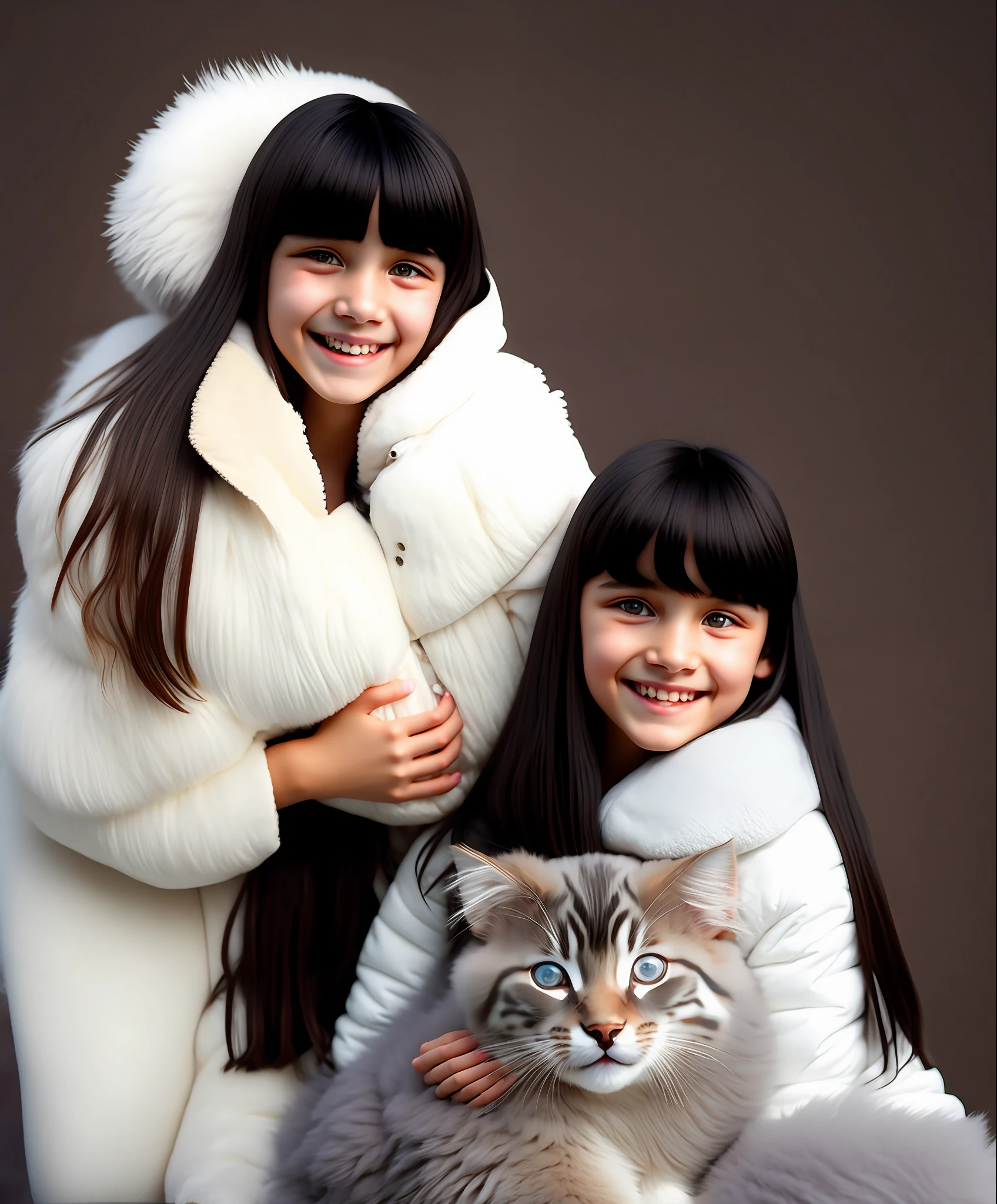 a -yeld giskin color
Caucasian Western features with long straight black hair and bangs, with hazelnut eyes, smiling with a realistic tone, wearing a fluffy white jacket and holding a cute gray kitten in her lap
