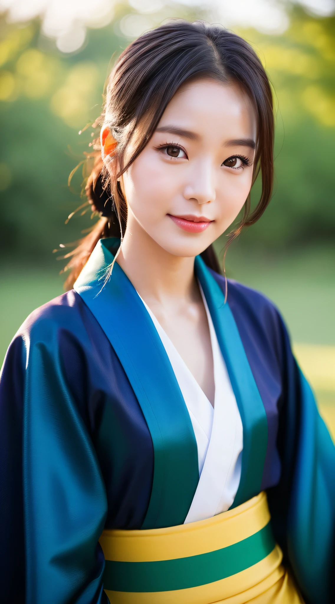 ((Top Quality, 8K, Masterpiece: 1.3)), Sharp Focus: 1.2, (Super Beautiful Face: 1.0), (Slender Abs Beauty: 1.0), (Shiny Skin: 1.0), Realistic Photography, Black Hair, Realistic Pupils, Video Lighting, High Definition Eyes and Face, Video Lighting, (Cowboy Shot: 1.3), kimono, hakama, obi, (Korean Cute Actress), in nature, traditional kimono, happy, Looking at the audience, head on,
