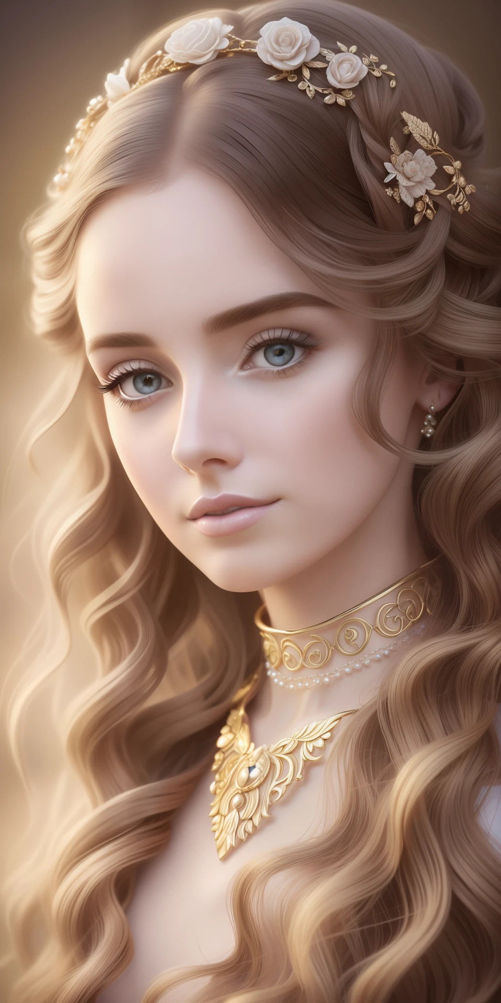 Beautiful portrait, fantasy art,fantasy portrait of a woman,the most beautiful,the most beautiful, European, beautiful big eyes with long hair with a white dress and necklace, baroque curls, baroque hair, curly light brown hair,pale skin, pale pale skin, beautiful Kacey Rohl, curly hair, ethereal hair, inspired by Sophie Pemberton,  with golden detailed choker, inspired by Irakli Nadar, with pale skin, ethereal beauty, light brown curly hair
