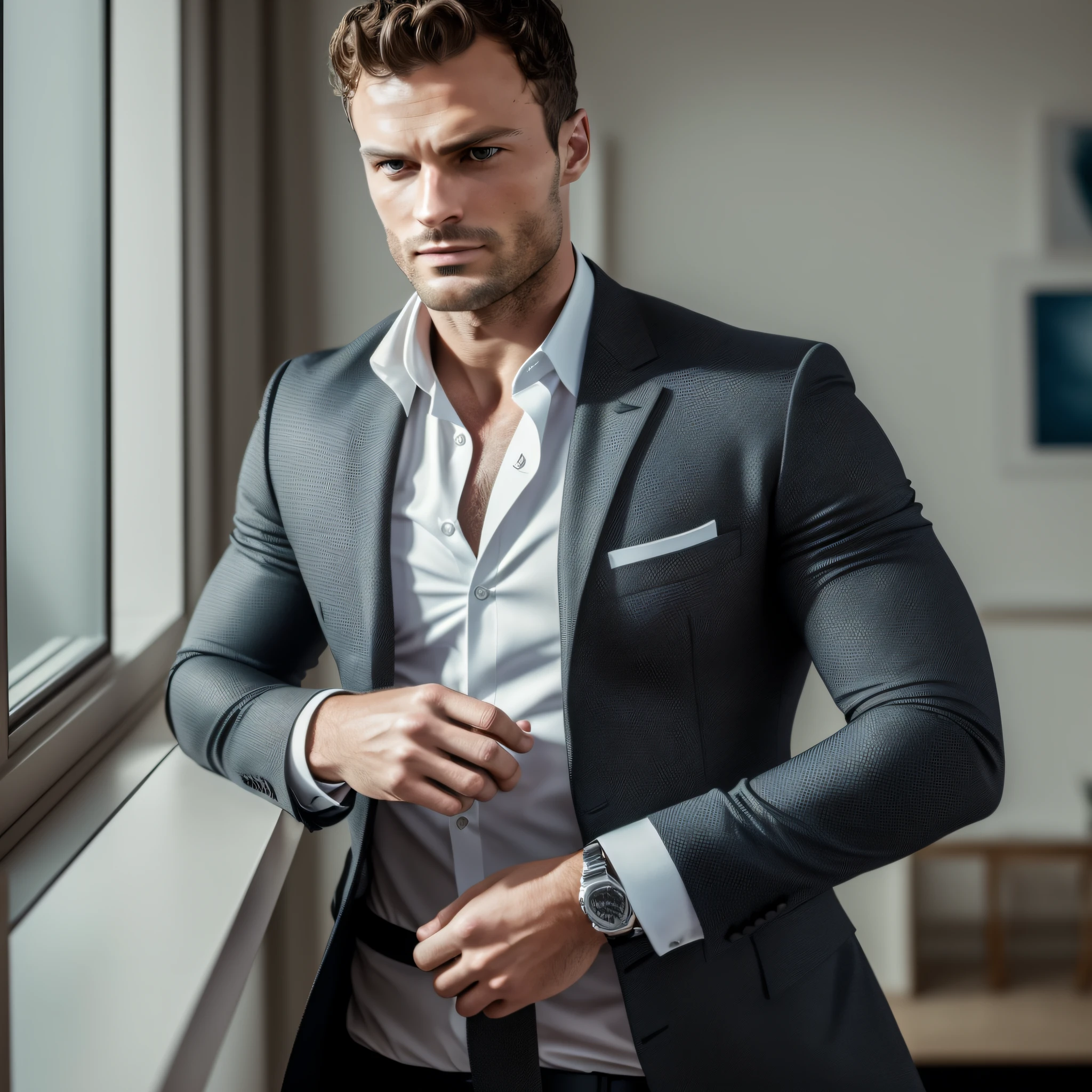 ((half body)) RAW photo (a 30-year-old man, looking out the window in his well-lit house, with an expression of dissatisfaction), Christian Grey style in the movie, Wearing black dress pants, (Beard and attractive) movie scene, (Impeccable), tanned and healed body, Serious and elegant man, Actor Jamie Dornan, with thick male eyebrows, secret agent 007 man style,  (with mysterious and serious face,) short dark hair, elegant and elegant, body fit and strong fit in suit, sea background image of Greece with sunset, Man similar to actor Jamie Dornan, (high quality and realistic image), ((Best Quality, 8k, Masterpiece). --auto --s2