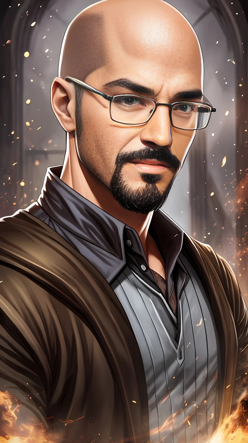 Portray a RPG Master, man, bald, goatee, brown eyes, NERD glasses, smart! Powerful! Nerd! Add elements of D&D, very powerful, HD quality, photo-realism, magic light, D&D character style, D&D book character, D&D Character. --auto --s2
