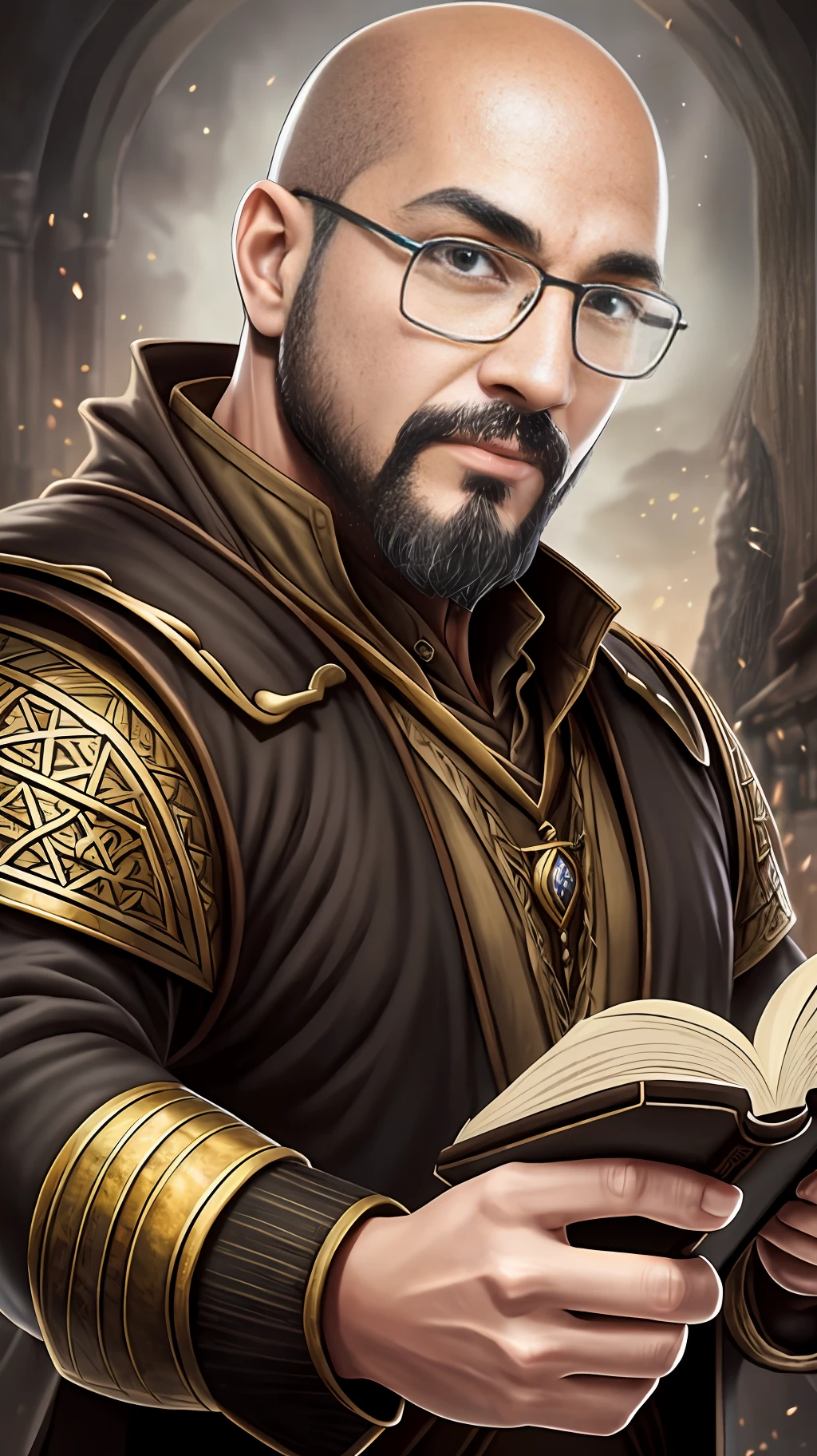 Portray a RPG Master, man, bald, goatee, brown eyes, NERD glasses, smart! Powerful! Nerd! Add elements of D&D, very powerful, HD quality, photo-realism, magic light, D&D character style, D&D book character, D&D Character. --auto --s2