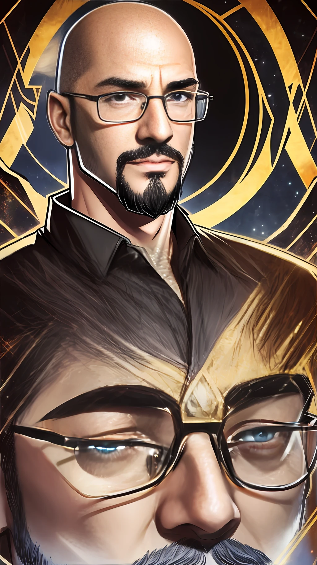 Portray a RPG Master, man, bald, goatee, brown eyes, NERD glasses, smart! Powerful! Nerd! Add elements of D&D, very powerful, HD quality, photo-realism, magic light, D&D character style, D&D book character, D&D Character. --auto --s2