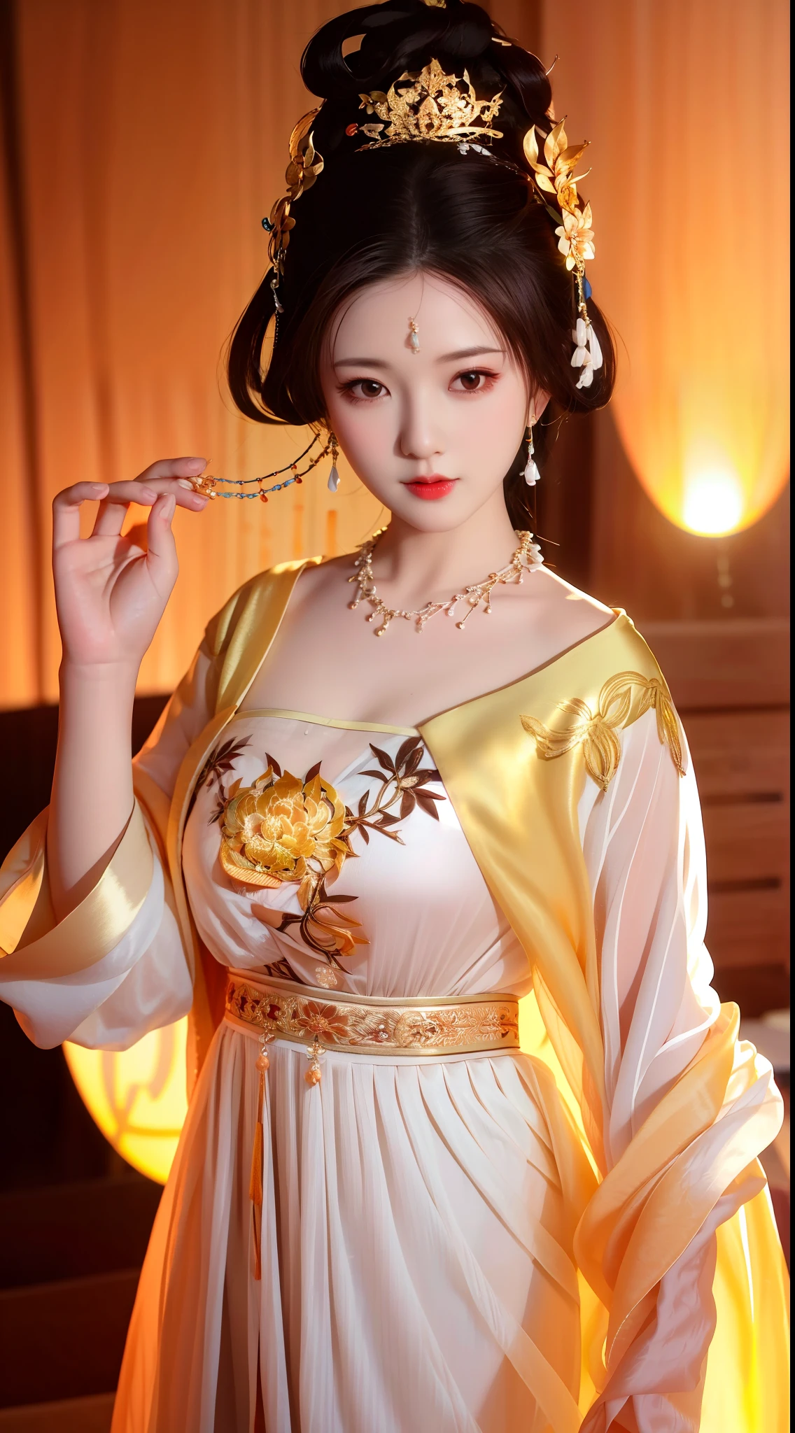 best quality, masterpiece, highres, 1girl, china dress, hair ornament, necklace, jewelry, Beautiful face, upon_body, tyndall effect, photorealistic, dark studio, rim lighting, two tone lighting, (high detailed skin:1.2), 8k uhd, dslr, soft lighting, high quality, volumetric lighting, candid, Photograph, high resolution, 4k, 8k, Bokeh, medium breasts,