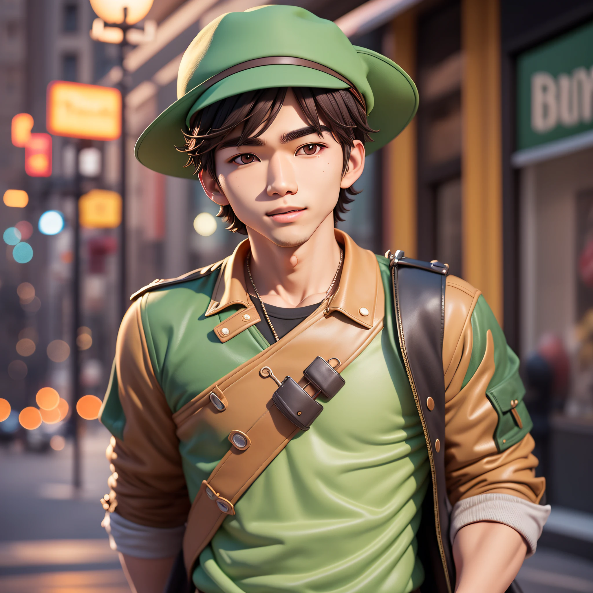 (Pixar 1.23 style) 1 young man ((upper body front, bust shot)), solo, cute guy, dark hair, handsome Korean, hat, street, ((masterpiece, highest quality)), (composite lighting)