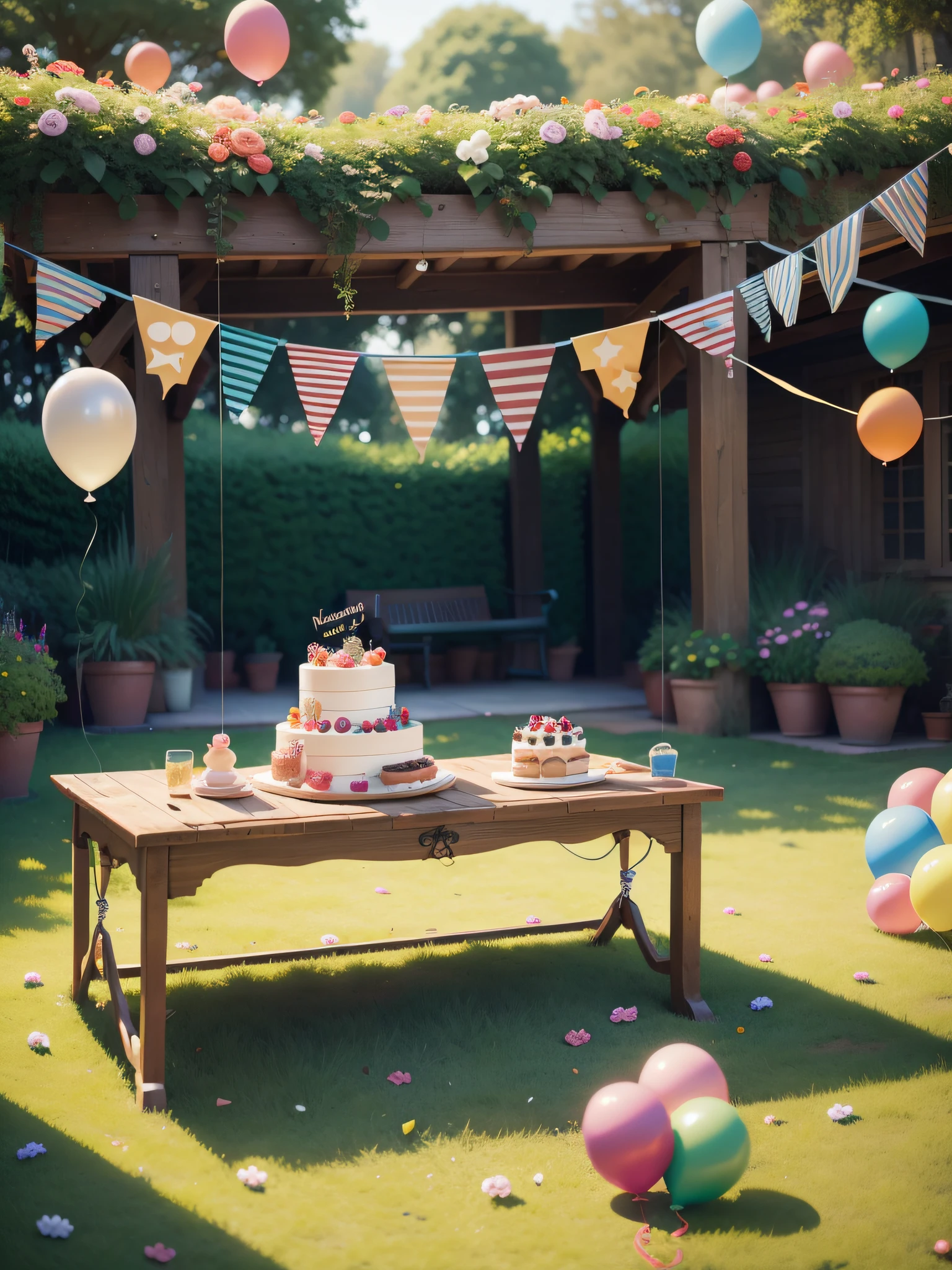(Table with cake+balloons+swing+skip+Disney style) in a party garden with (kdogs+happy) --auto --s2