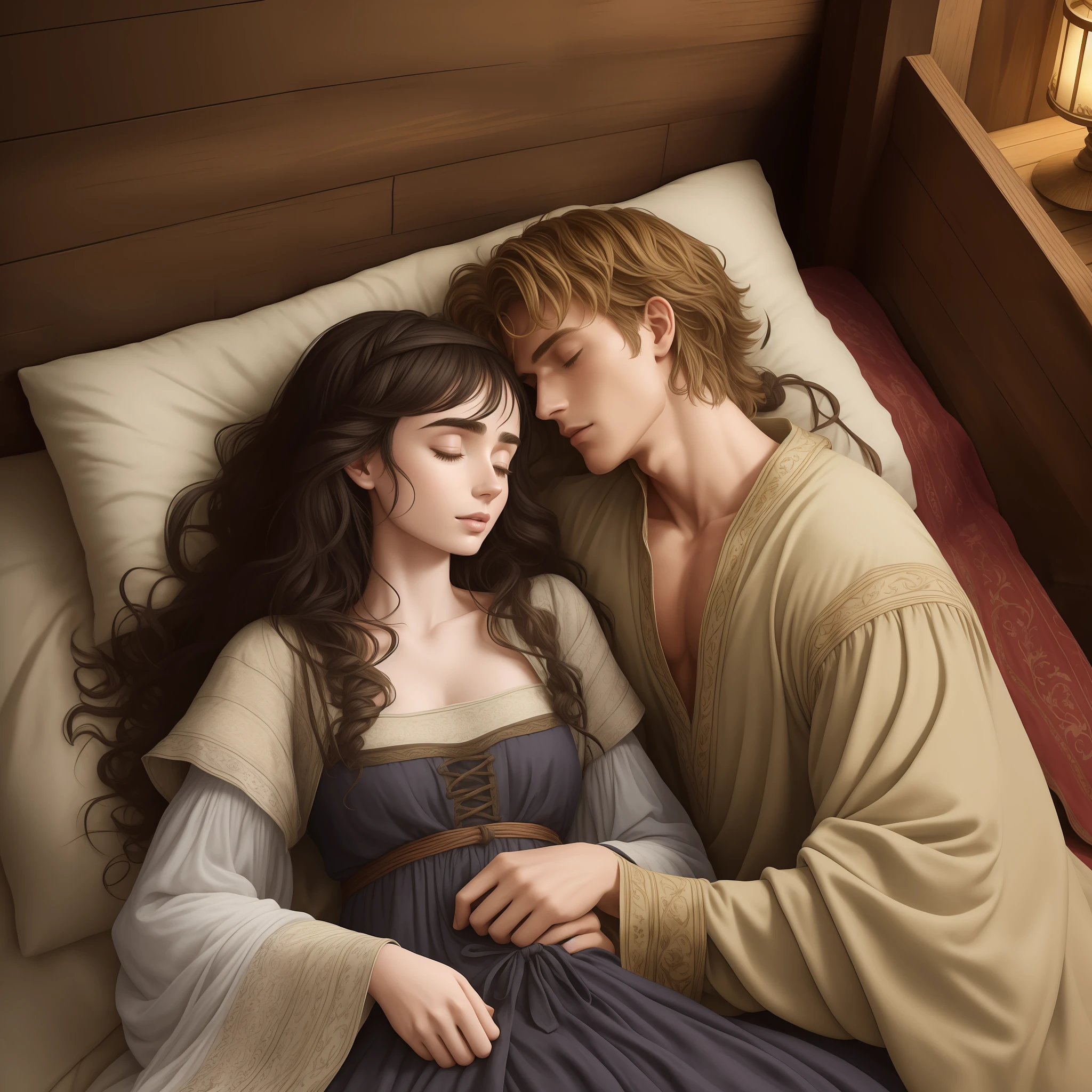 The couple sleeping in a medieval bed; the woman is Lily Collins with black curly hair, simple medieval peasant dress; and the man is Neels Visser blond hair, simple medieval peasant clothing.