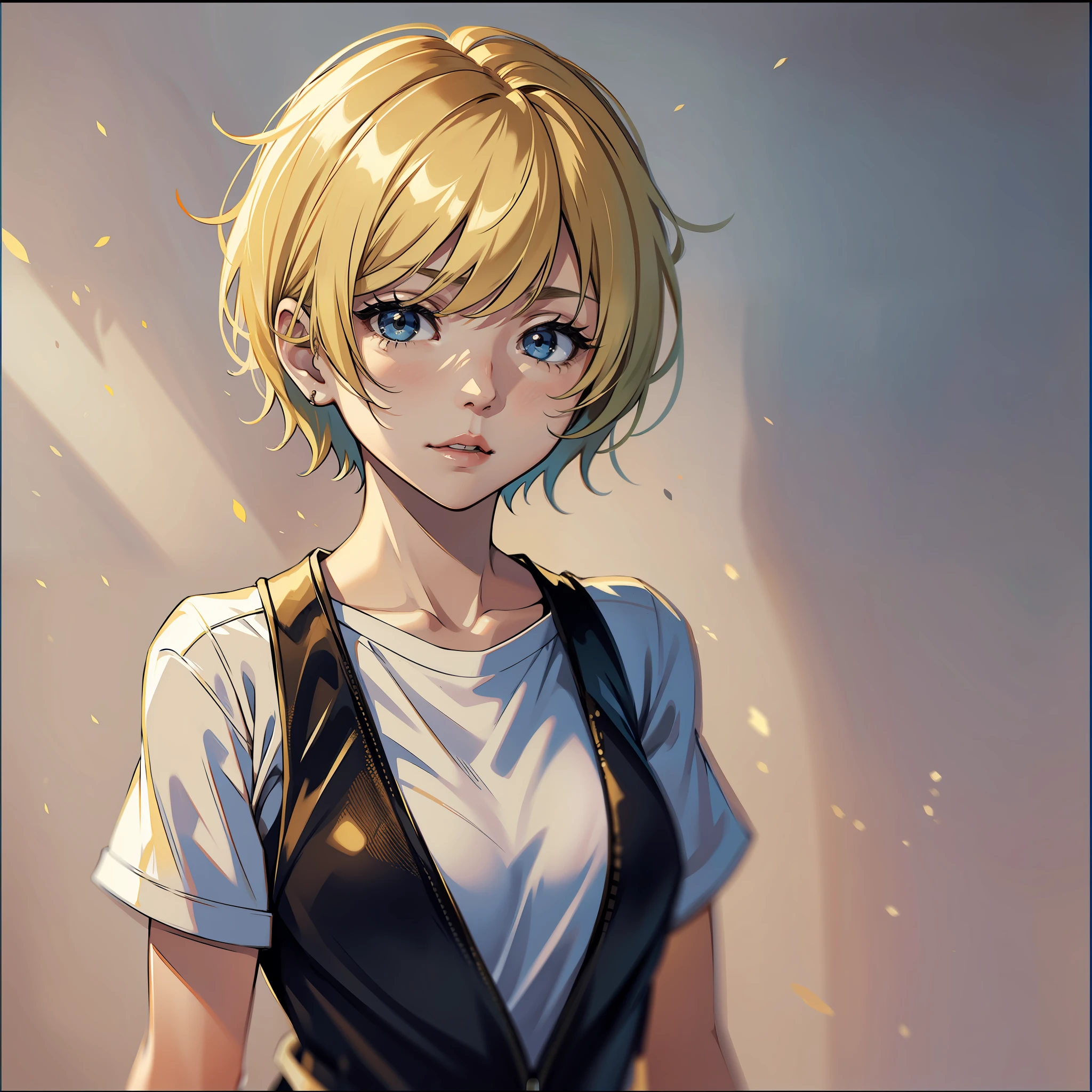 Blonde girl with short hair, azuiz eyes, tomboy