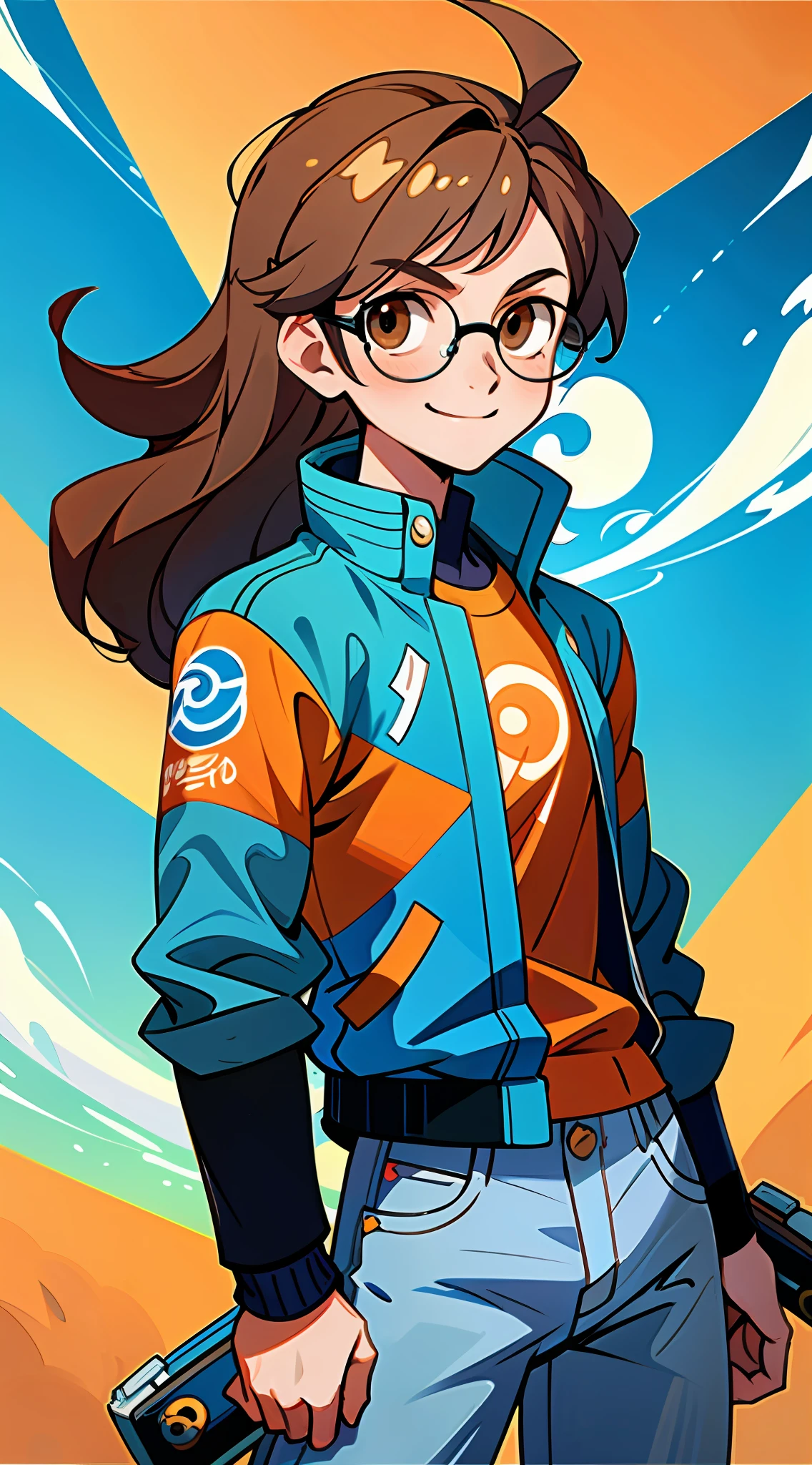 (best quality, masterpiece), 1boy,gary of Pokémon, wearing blue glasses, mist, (cartoon: 1.5), jacket, jeans, avatar style, smiling, orange and blue elements, long and light brown vabelo, 30 years, long hair, brown eyes, brown eyes, honkai star rail luocha