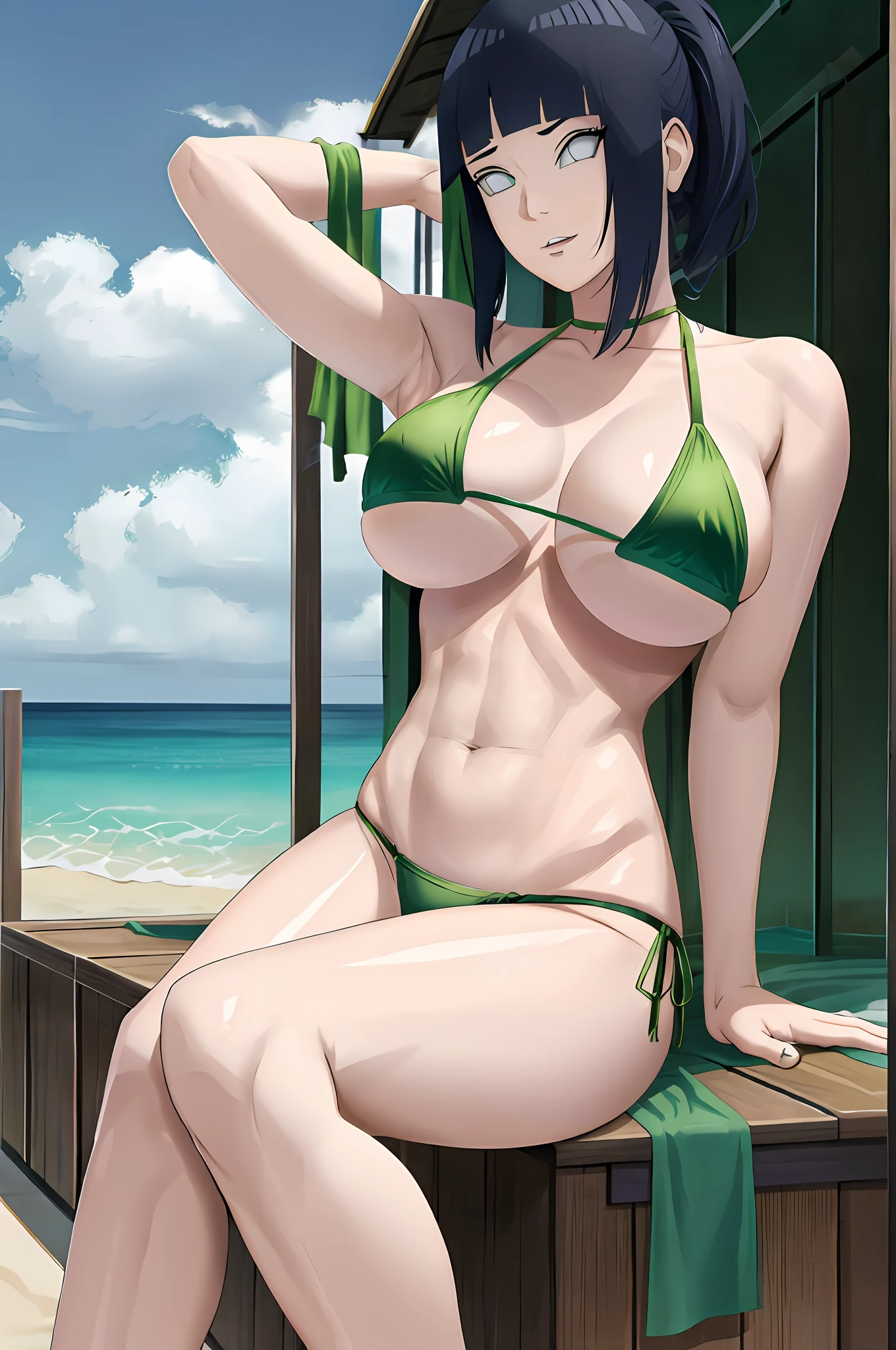 best quality, highres, 1girl, solo, green hair, breasts, folded ponytail, purple eyes, tao jun, large breasts, micro bikini, outdoors, cowboy shot,