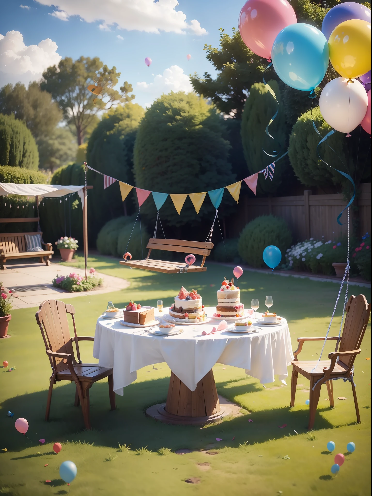 (Table with cake+balloons+swing+skip+Disney style) in a party garden with (kdogs+happy) --auto --s2