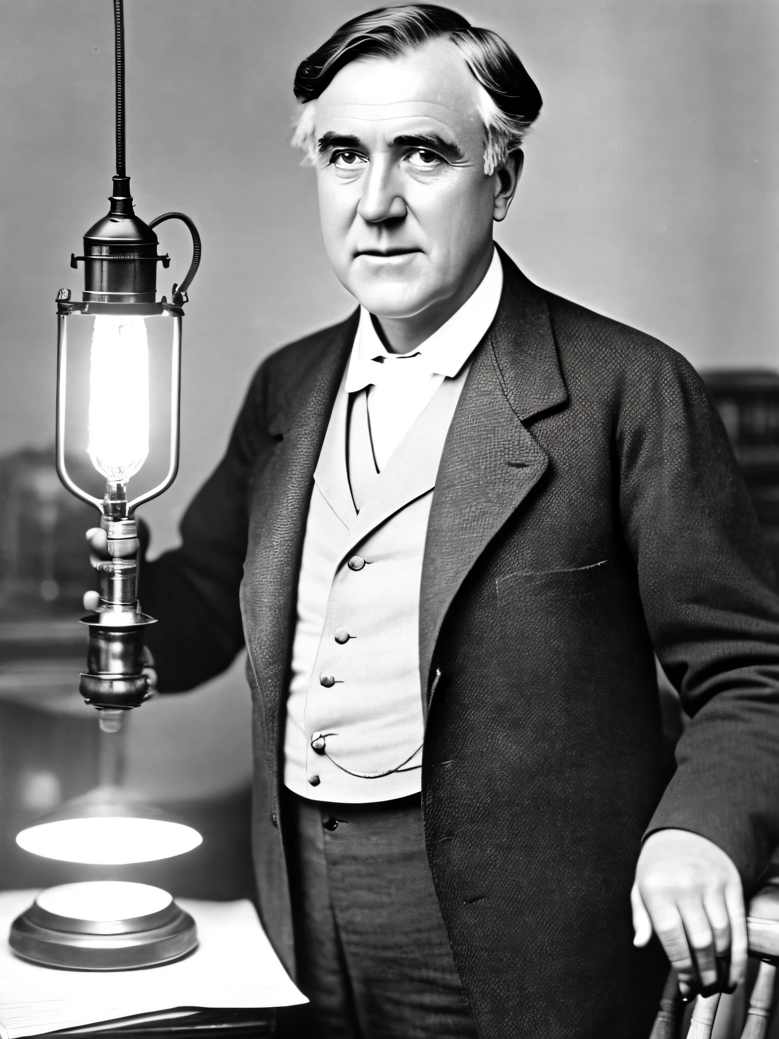 Thomas Edison wearing a suit, holding a lighted lamp, in a research lab, ultra realistic, extremely detailed