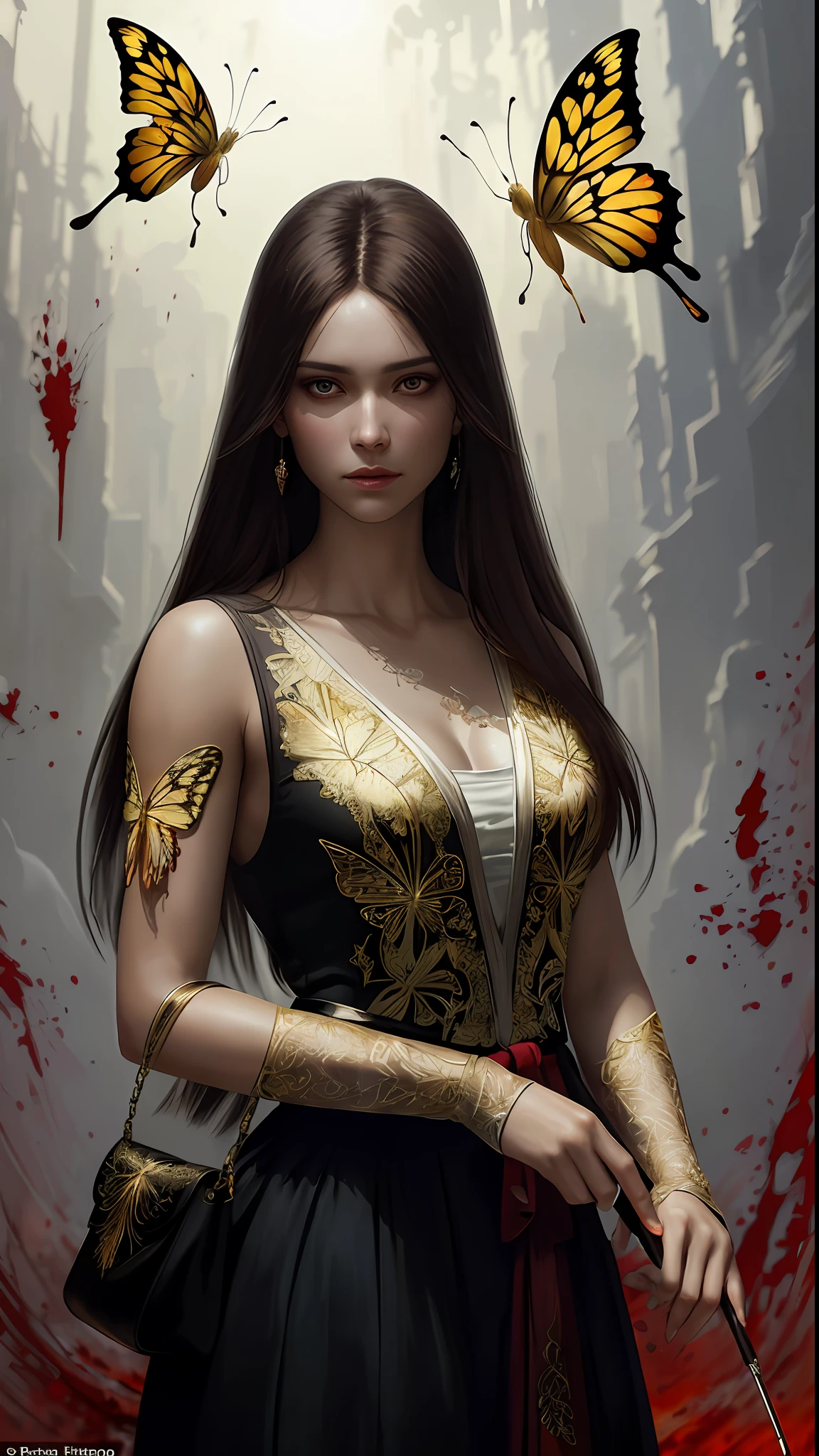 8k portrait of a beautiful woman with straight hair clutching a cigarette in her right hand and in her left hand a white powder in a transparent, intricate, elegant, highly detailed, majestic bag, digital photography, art by artgerm and ruan jia and greg rutkowski golden butterfly filigree surrealist painting with a river of blood in the background,  (blood: 1.3 ), broken glass (masterpiece, side lighting, beautiful finely detailed eyes: 1.2 ), HDR,